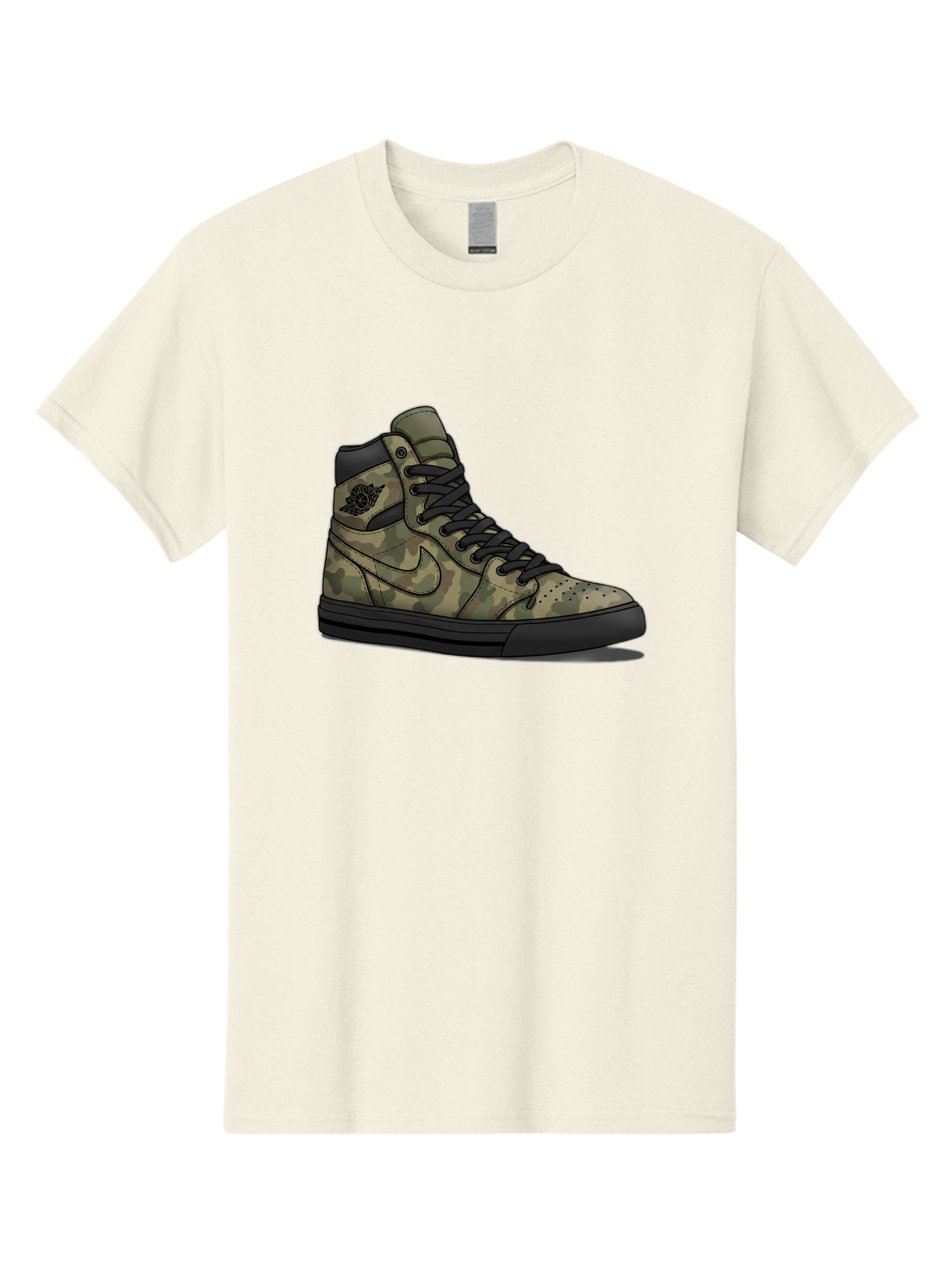Camo-Jordan-1 Men'S Graphic Tee, 100% Cotton, Comfortable Casual Summer Wear, Machine Washable, Camouflage Nike Shoe, High-Top Sneakers, Black Laces, Nike Swoosh Logo, Streetwear Fashion, Athletic Footwear, Camouflage Pattern, Black Sole Baa247
