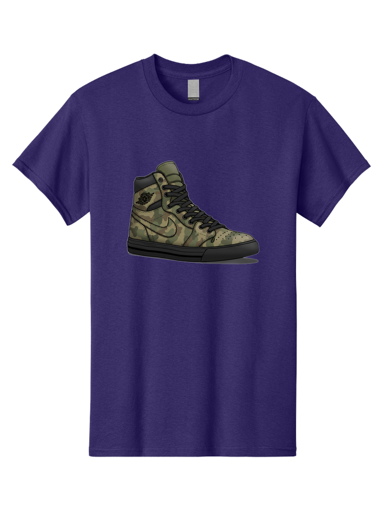 Camo-Jordan-1 Men'S Graphic Tee, 100% Cotton, Comfortable Casual Summer Wear, Machine Washable, Camouflage Nike Shoe, High-Top Sneakers, Black Laces, Nike Swoosh Logo, Streetwear Fashion, Athletic Footwear, Camouflage Pattern, Black Sole Baa247