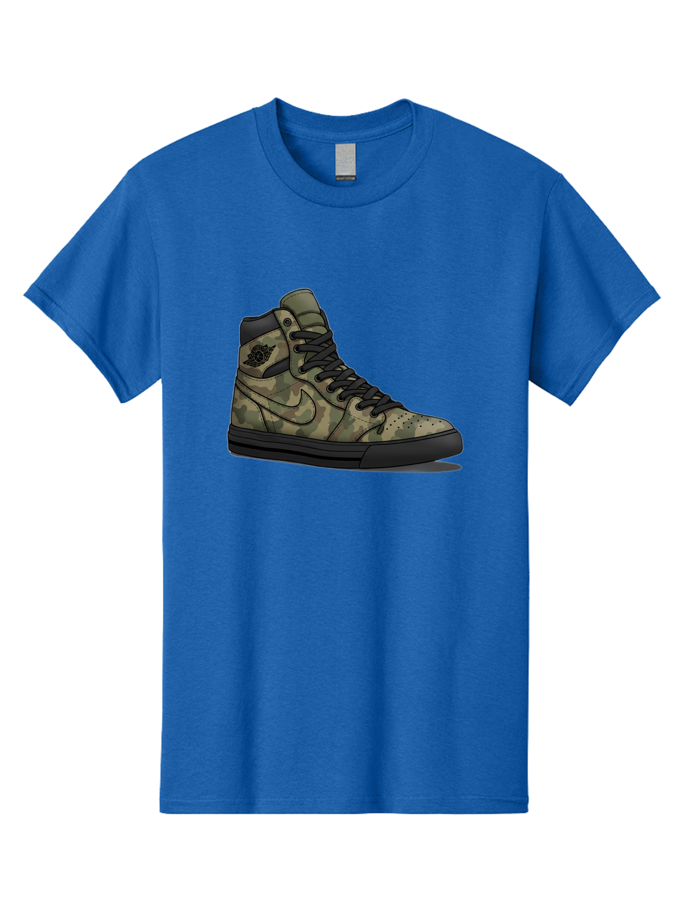 Camo-Jordan-1 Men'S Graphic Tee, 100% Cotton, Comfortable Casual Summer Wear, Machine Washable, Camouflage Nike Shoe, High-Top Sneakers, Black Laces, Nike Swoosh Logo, Streetwear Fashion, Athletic Footwear, Camouflage Pattern, Black Sole Baa247