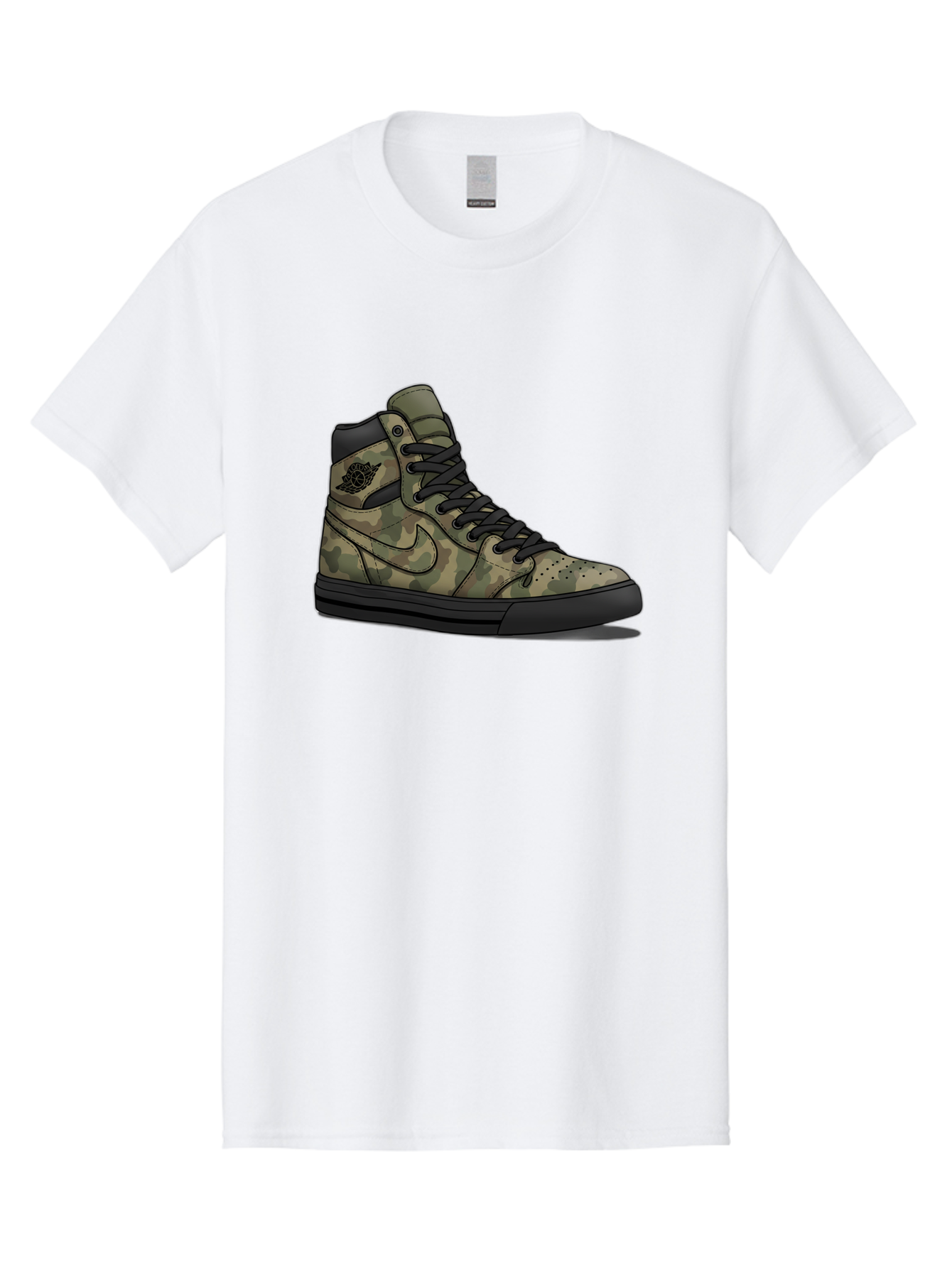 Camo-Jordan-1 Men'S Graphic Tee, 100% Cotton, Comfortable Casual Summer Wear, Machine Washable, Camouflage Nike Shoe, High-Top Sneakers, Black Laces, Nike Swoosh Logo, Streetwear Fashion, Athletic Footwear, Camouflage Pattern, Black Sole Baa247