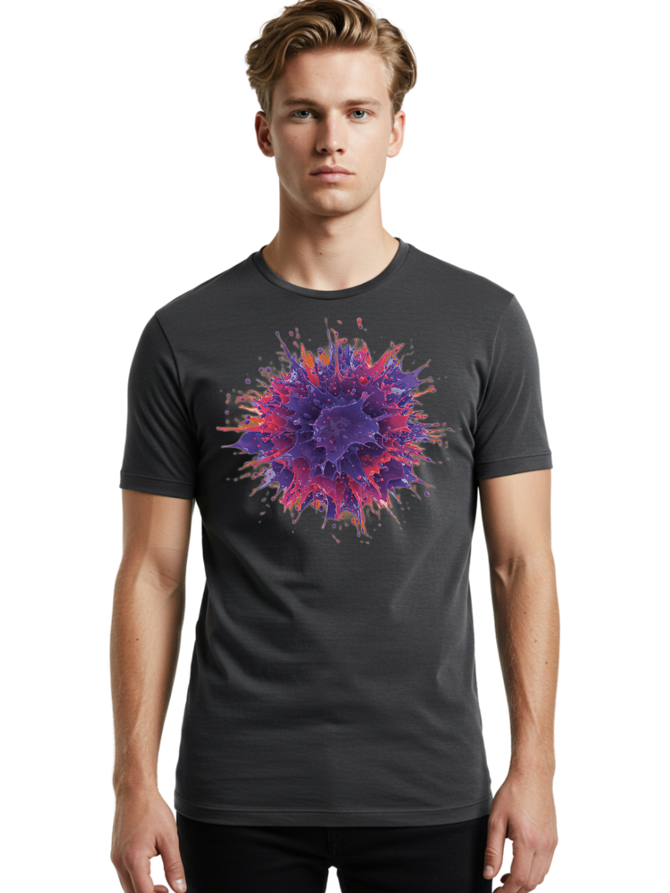 Cancer-Cell Men'S Graphic Tee, 100% Cotton, Comfortable Casual Summer Wear, Machine Washable, Cancer Cell, Tumor Cell, Abnormal Cell Growth, Purple And Red Cell Structure, Spiky Cell Texture, Medical Illustration, Cancer Research, Cell Biology Baa248