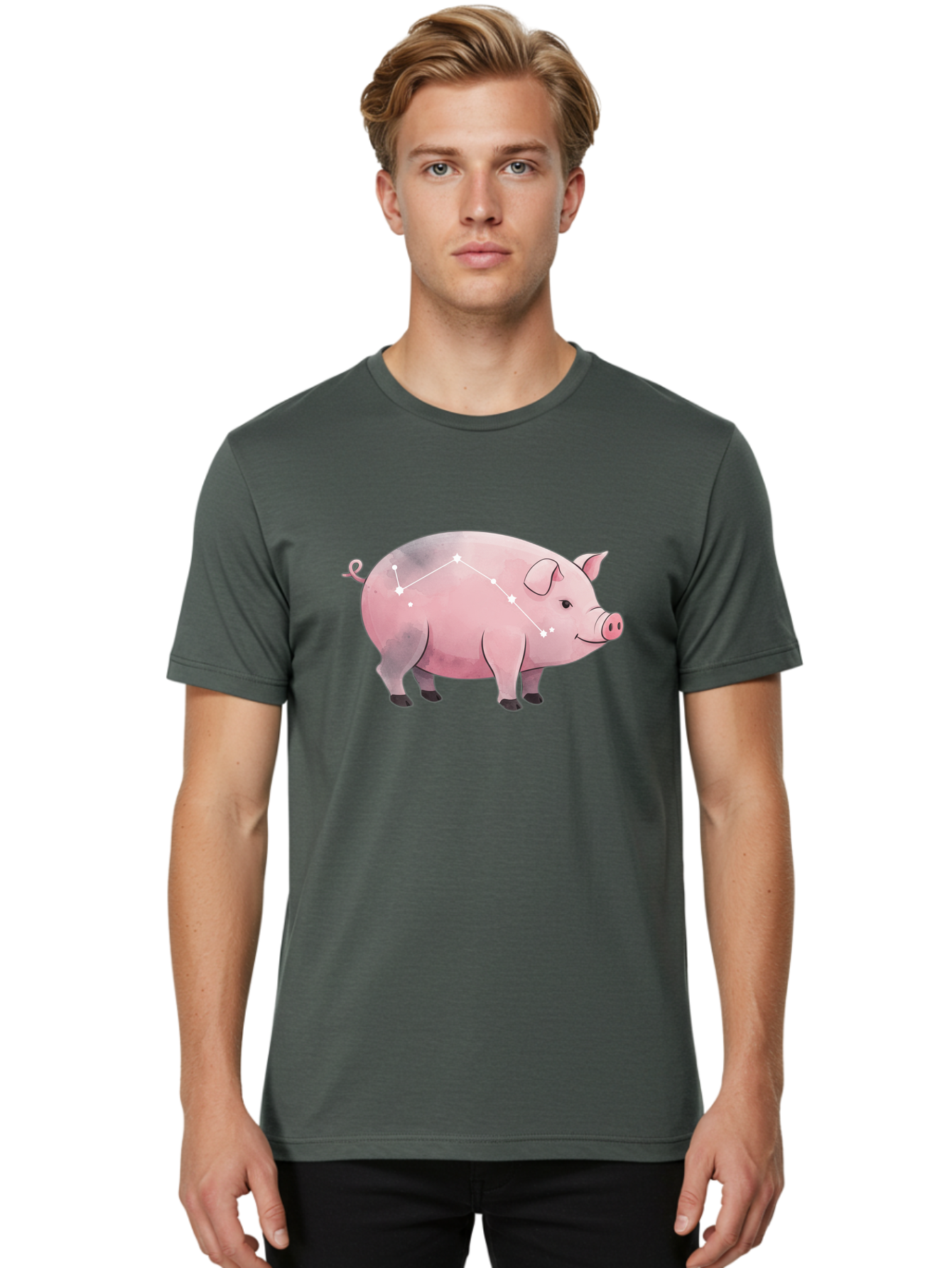 Cancer Men'S Graphic Tee, 100% Cotton, Comfortable Casual Summer Wear, Machine Washable, Cartoon Pig, Zodiac Sign, Astrology Symbol, Constellation Pattern, Cute Animal Illustration, Starry Design, Funny Pig Graphics Baa249