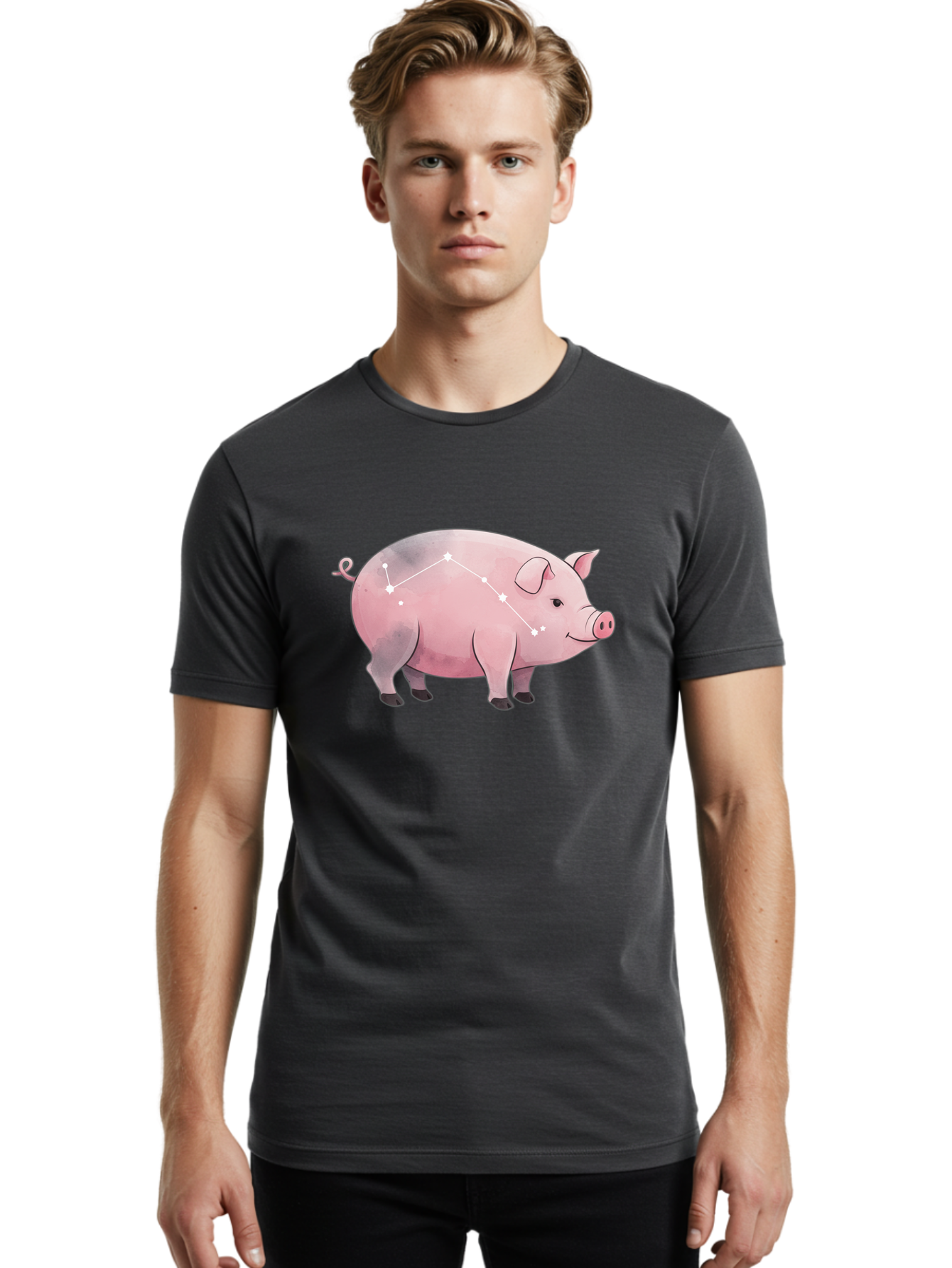 Cancer Men'S Graphic Tee, 100% Cotton, Comfortable Casual Summer Wear, Machine Washable, Cartoon Pig, Zodiac Sign, Astrology Symbol, Constellation Pattern, Cute Animal Illustration, Starry Design, Funny Pig Graphics Baa249