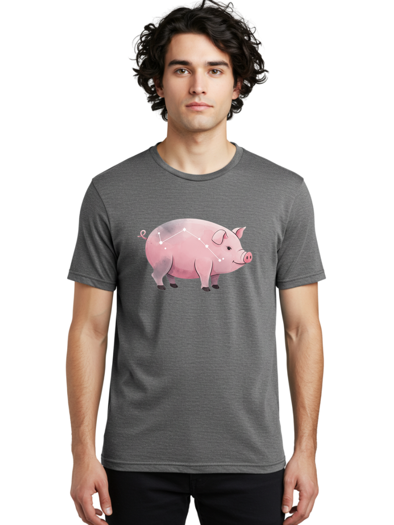 Cancer Men'S Graphic Tee, 100% Cotton, Comfortable Casual Summer Wear, Machine Washable, Cartoon Pig, Zodiac Sign, Astrology Symbol, Constellation Pattern, Cute Animal Illustration, Starry Design, Funny Pig Graphics Baa249