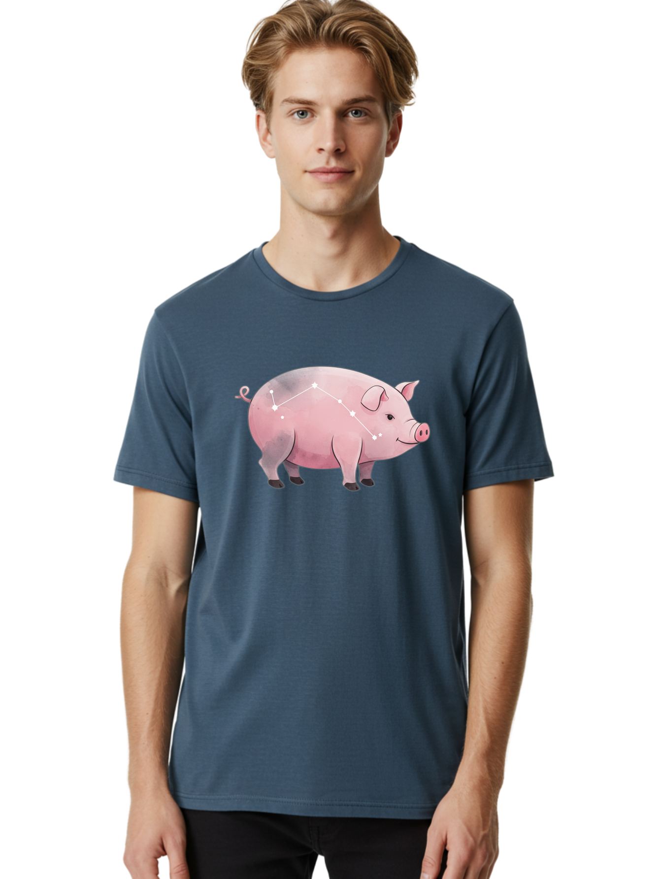 Cancer Men'S Graphic Tee, 100% Cotton, Comfortable Casual Summer Wear, Machine Washable, Cartoon Pig, Zodiac Sign, Astrology Symbol, Constellation Pattern, Cute Animal Illustration, Starry Design, Funny Pig Graphics Baa249