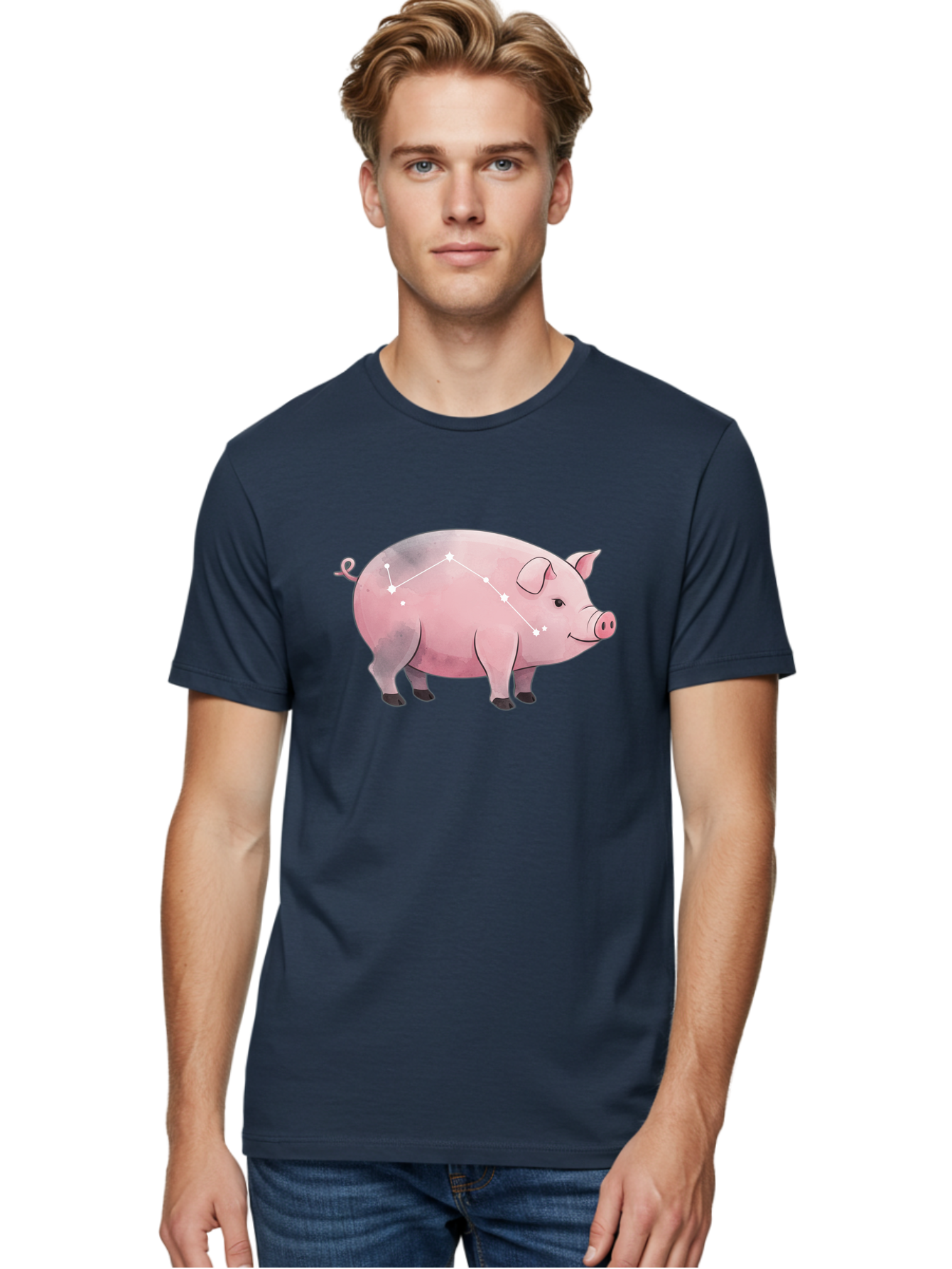 Cancer Men'S Graphic Tee, 100% Cotton, Comfortable Casual Summer Wear, Machine Washable, Cartoon Pig, Zodiac Sign, Astrology Symbol, Constellation Pattern, Cute Animal Illustration, Starry Design, Funny Pig Graphics Baa249