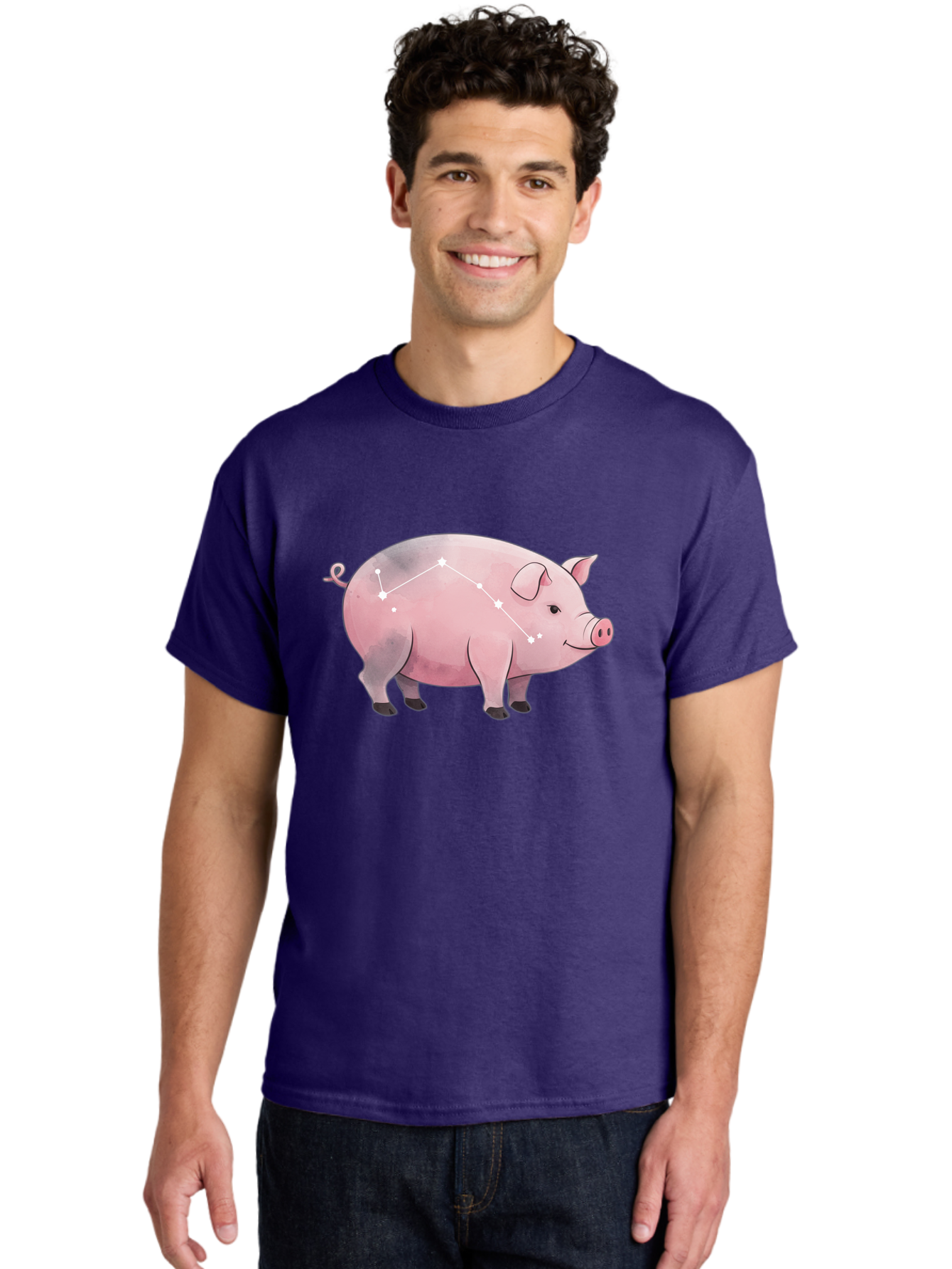Cancer Men'S Graphic Tee, 100% Cotton, Comfortable Casual Summer Wear, Machine Washable, Cartoon Pig, Zodiac Sign, Astrology Symbol, Constellation Pattern, Cute Animal Illustration, Starry Design, Funny Pig Graphics Baa249