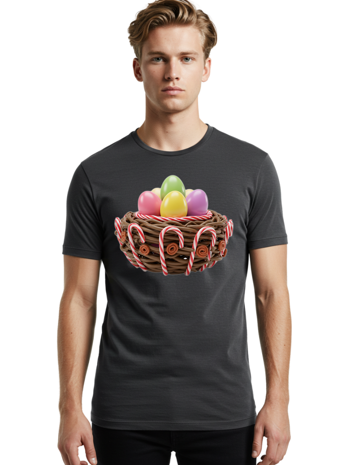 Candy-Cane-Nest-With-Easter-Eggs Men'S Graphic Tee, 100% Cotton, Comfortable Casual Summer Wear, Machine Washable, Easter Eggs In Nest, Candy Canes Decoration, Festive Treats, Holiday Sweets, Pastel Colors, Wicker Basket, Seasonal Decor, Baa250