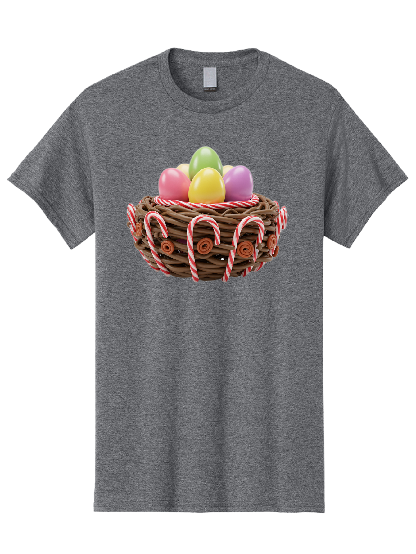 Candy-Cane-Nest-With-Easter-Eggs Men'S Graphic Tee, 100% Cotton, Comfortable Casual Summer Wear, Machine Washable, Easter Eggs In Nest, Candy Canes Decoration, Festive Treats, Holiday Sweets, Pastel Colors, Wicker Basket, Seasonal Decor, Baa250