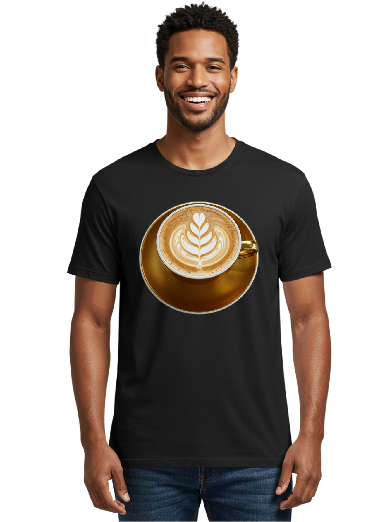Cappuccino-Coffee Men'S Graphic Tee, 100% Cotton, Comfortable Casual Summer Wear, Machine Washable, Latte Art, Coffee Design, Leaf Pattern, Heart Shape, Coffee Cup, Saucer, Coffee Culture, Specialty Coffee, Espresso Art, Crema, Coffee Time Baa251