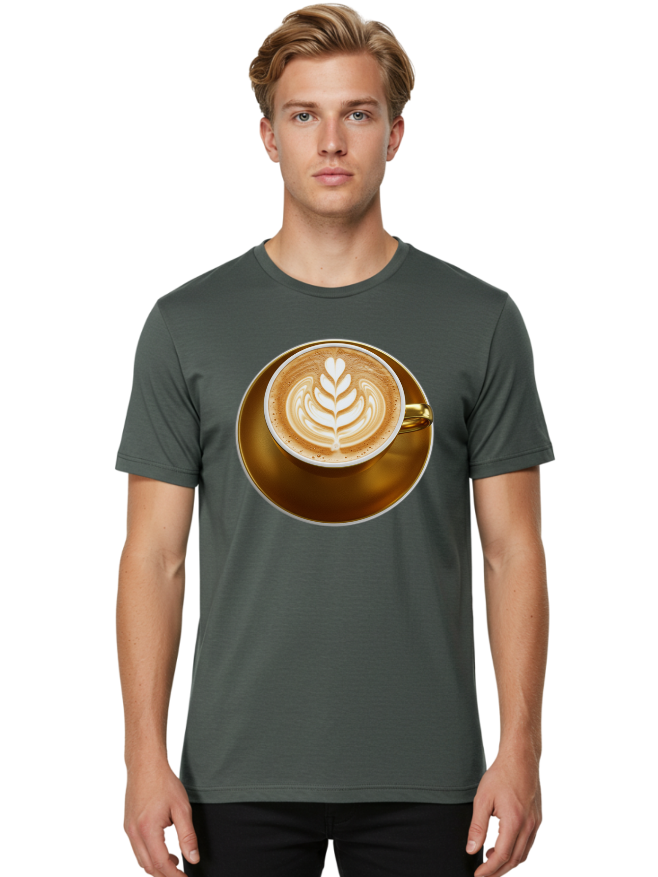 Cappuccino-Coffee Men'S Graphic Tee, 100% Cotton, Comfortable Casual Summer Wear, Machine Washable, Latte Art, Coffee Design, Leaf Pattern, Heart Shape, Coffee Cup, Saucer, Coffee Culture, Specialty Coffee, Espresso Art, Crema, Coffee Time Baa251