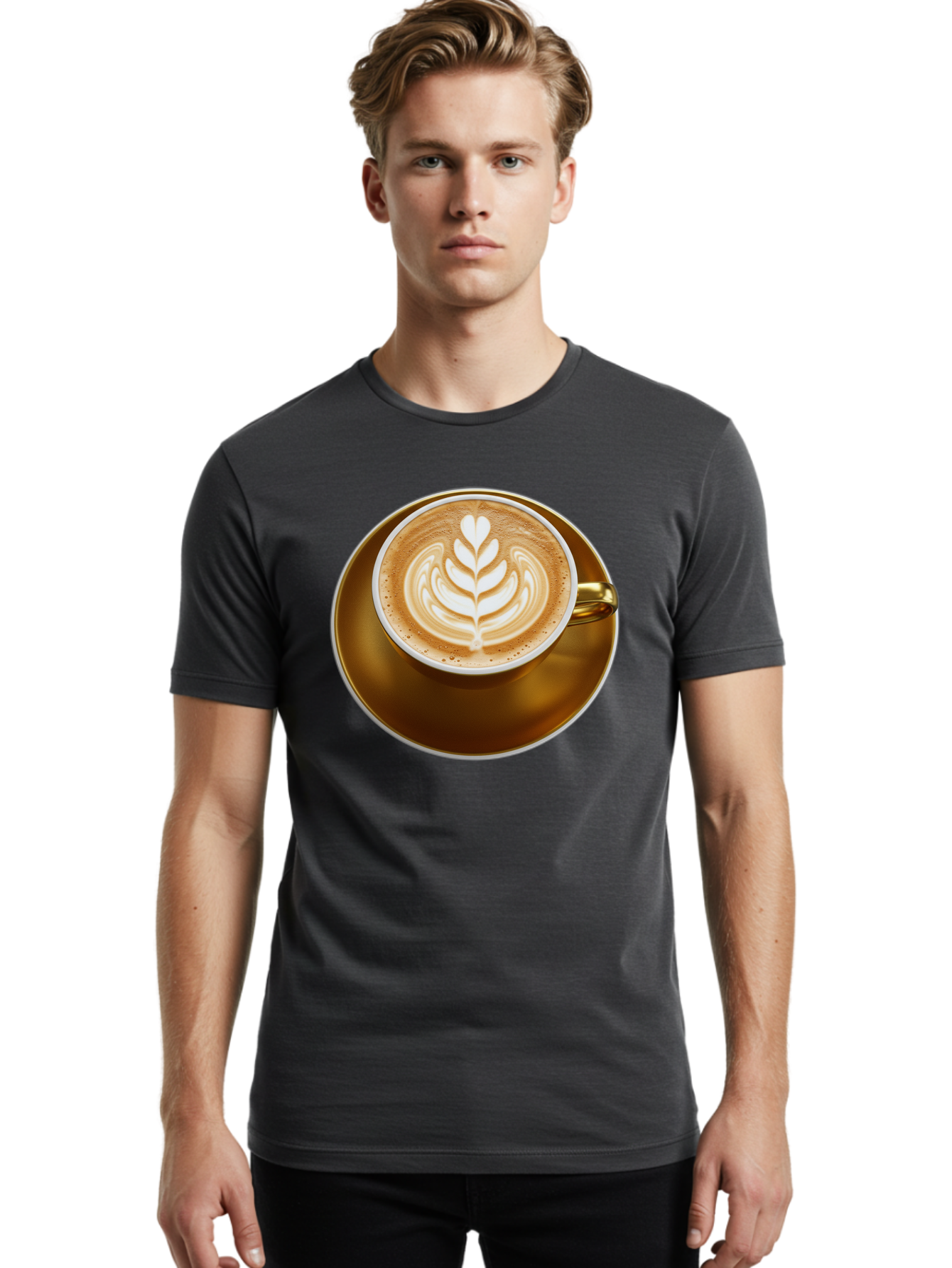 Cappuccino-Coffee Men'S Graphic Tee, 100% Cotton, Comfortable Casual Summer Wear, Machine Washable, Latte Art, Coffee Design, Leaf Pattern, Heart Shape, Coffee Cup, Saucer, Coffee Culture, Specialty Coffee, Espresso Art, Crema, Coffee Time Baa251
