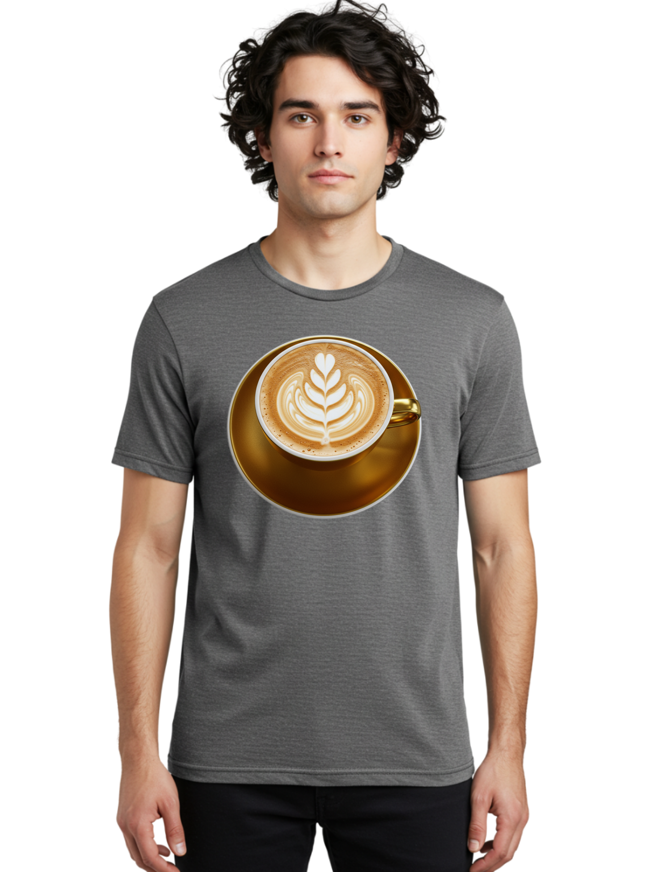 Cappuccino-Coffee Men'S Graphic Tee, 100% Cotton, Comfortable Casual Summer Wear, Machine Washable, Latte Art, Coffee Design, Leaf Pattern, Heart Shape, Coffee Cup, Saucer, Coffee Culture, Specialty Coffee, Espresso Art, Crema, Coffee Time Baa251