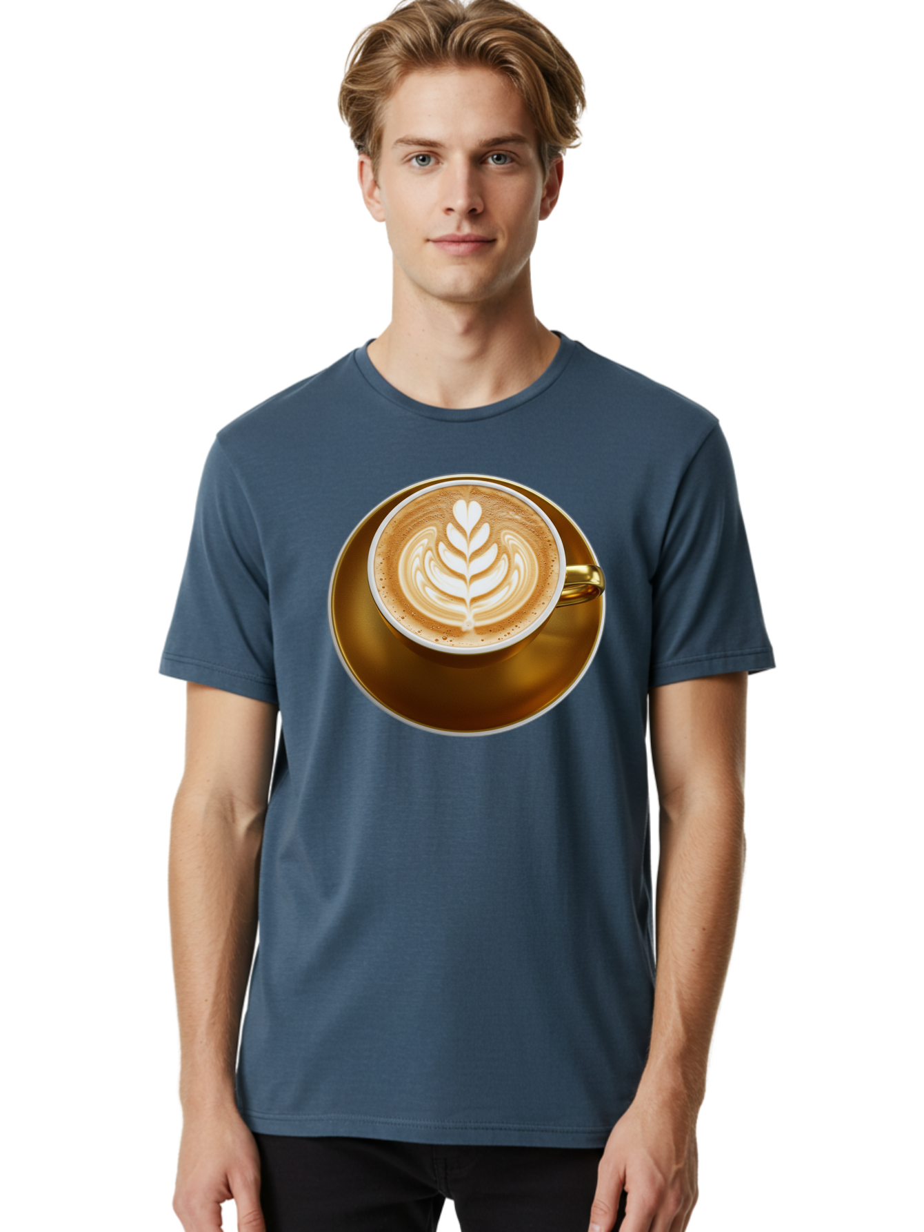Cappuccino-Coffee Men'S Graphic Tee, 100% Cotton, Comfortable Casual Summer Wear, Machine Washable, Latte Art, Coffee Design, Leaf Pattern, Heart Shape, Coffee Cup, Saucer, Coffee Culture, Specialty Coffee, Espresso Art, Crema, Coffee Time Baa251