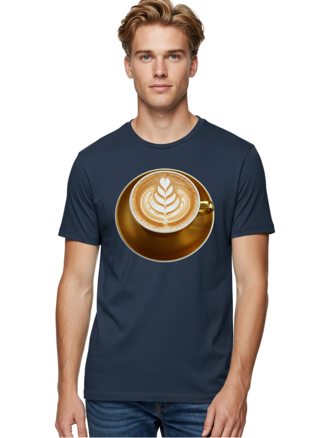 Cappuccino-Coffee Men'S Graphic Tee, 100% Cotton, Comfortable Casual Summer Wear, Machine Washable, Latte Art, Coffee Design, Leaf Pattern, Heart Shape, Coffee Cup, Saucer, Coffee Culture, Specialty Coffee, Espresso Art, Crema, Coffee Time Baa251