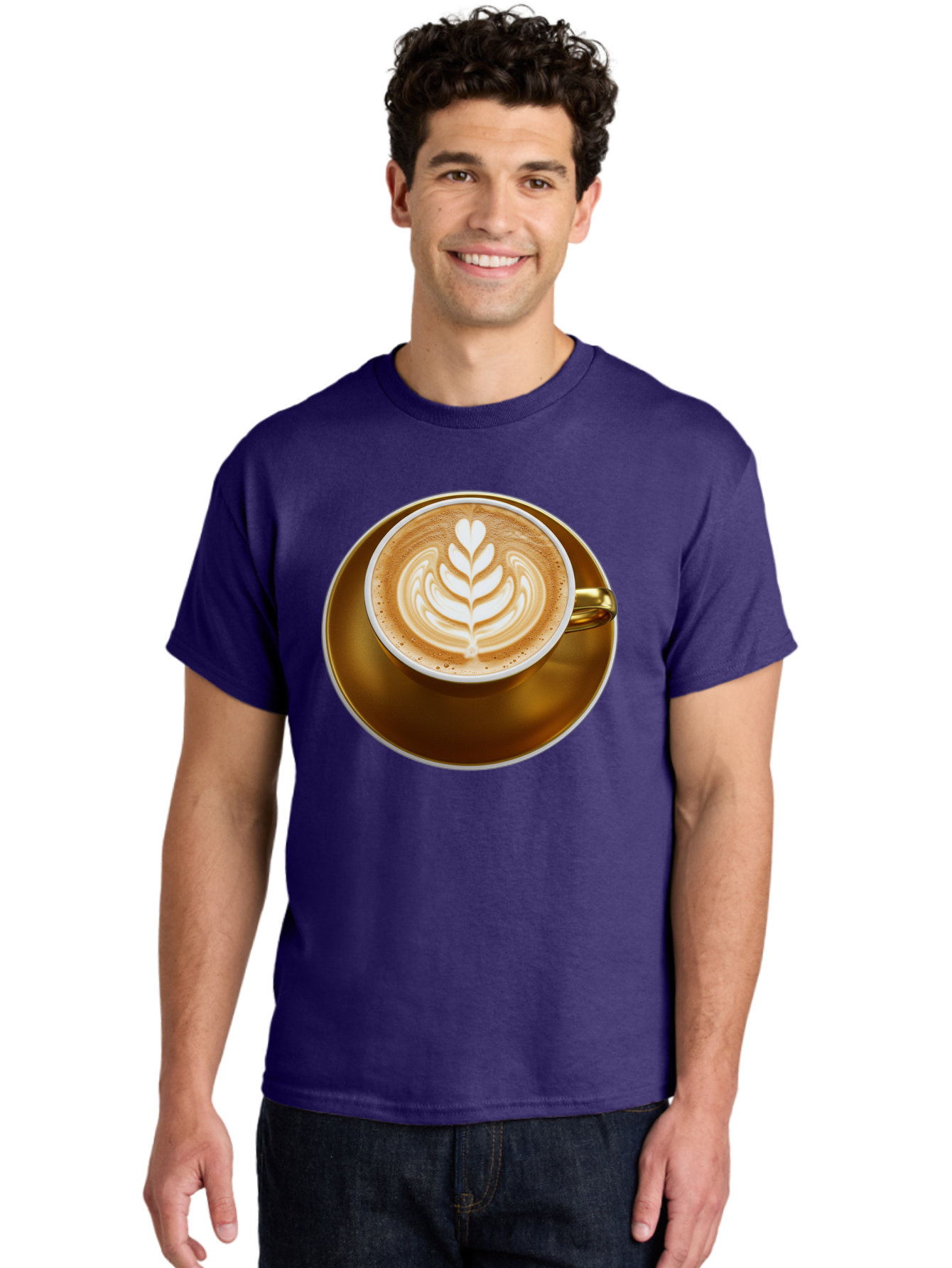 Cappuccino-Coffee Men'S Graphic Tee, 100% Cotton, Comfortable Casual Summer Wear, Machine Washable, Latte Art, Coffee Design, Leaf Pattern, Heart Shape, Coffee Cup, Saucer, Coffee Culture, Specialty Coffee, Espresso Art, Crema, Coffee Time Baa251