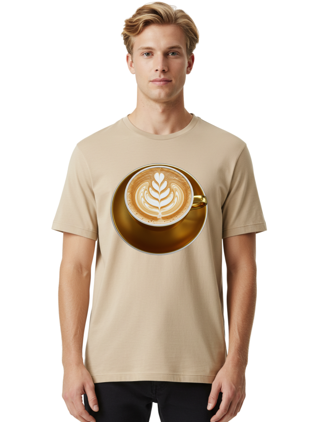 Cappuccino-Coffee Men'S Graphic Tee, 100% Cotton, Comfortable Casual Summer Wear, Machine Washable, Latte Art, Coffee Design, Leaf Pattern, Heart Shape, Coffee Cup, Saucer, Coffee Culture, Specialty Coffee, Espresso Art, Crema, Coffee Time Baa251