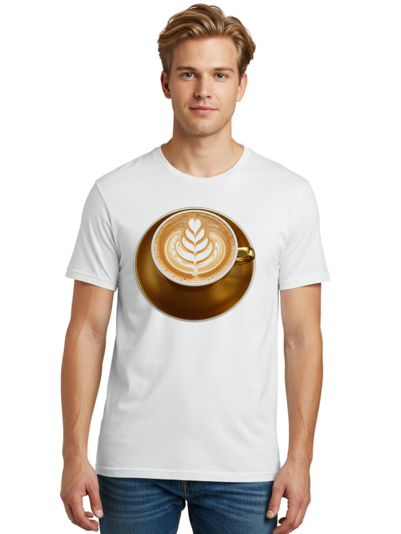 Cappuccino-Coffee Men'S Graphic Tee, 100% Cotton, Comfortable Casual Summer Wear, Machine Washable, Latte Art, Coffee Design, Leaf Pattern, Heart Shape, Coffee Cup, Saucer, Coffee Culture, Specialty Coffee, Espresso Art, Crema, Coffee Time Baa251