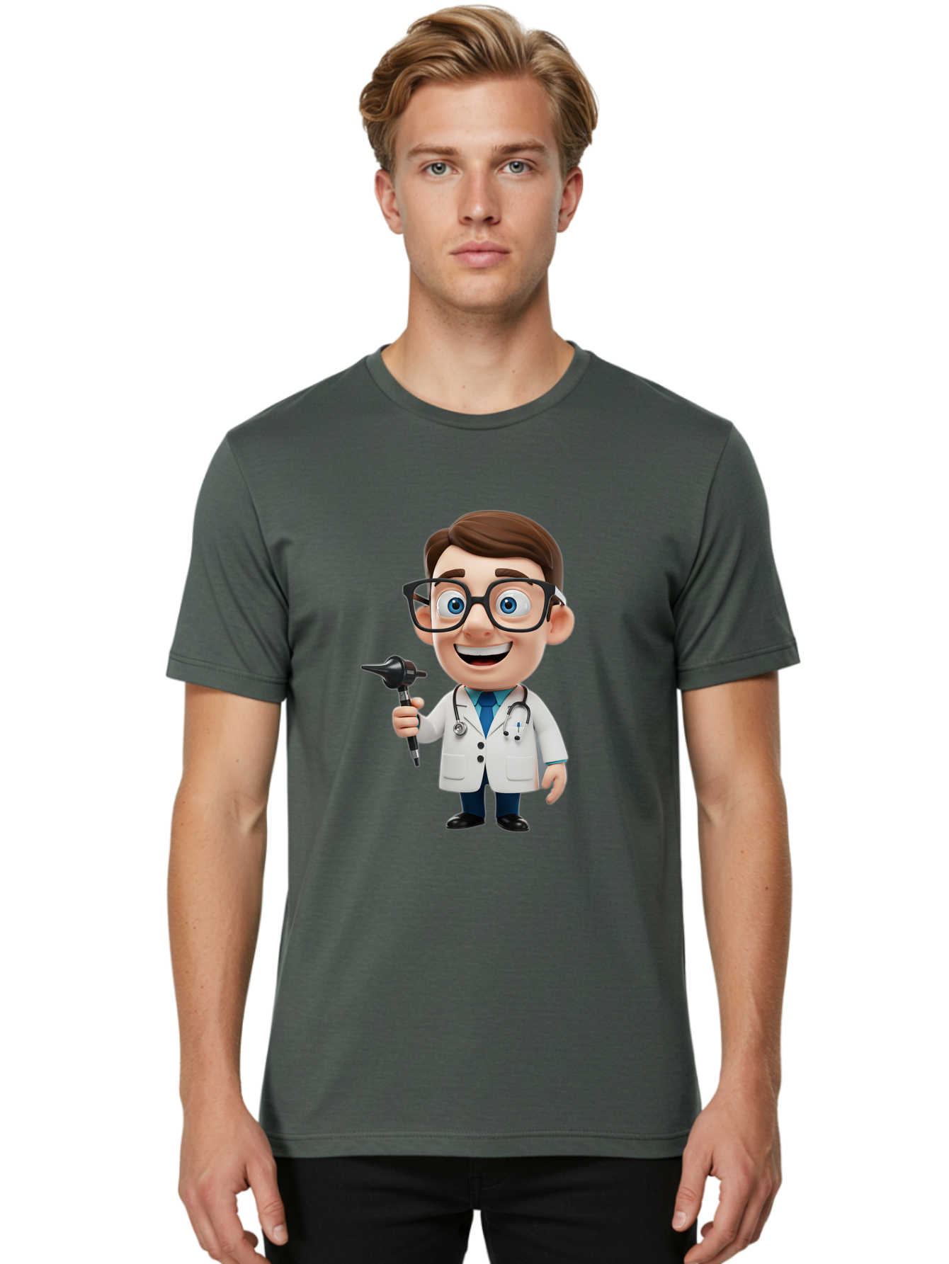 Cartoon-Doctor-1 Men'S Graphic Tee, 100% Cotton, Comfortable Casual Summer Wear, Machine Washable, Cartoon Doctor, Medical Professional, Stethoscope, Otoscope, White Lab Coat, Blue Shirt, Black Glasses, Friendly Smile, Healthcare, Baa255