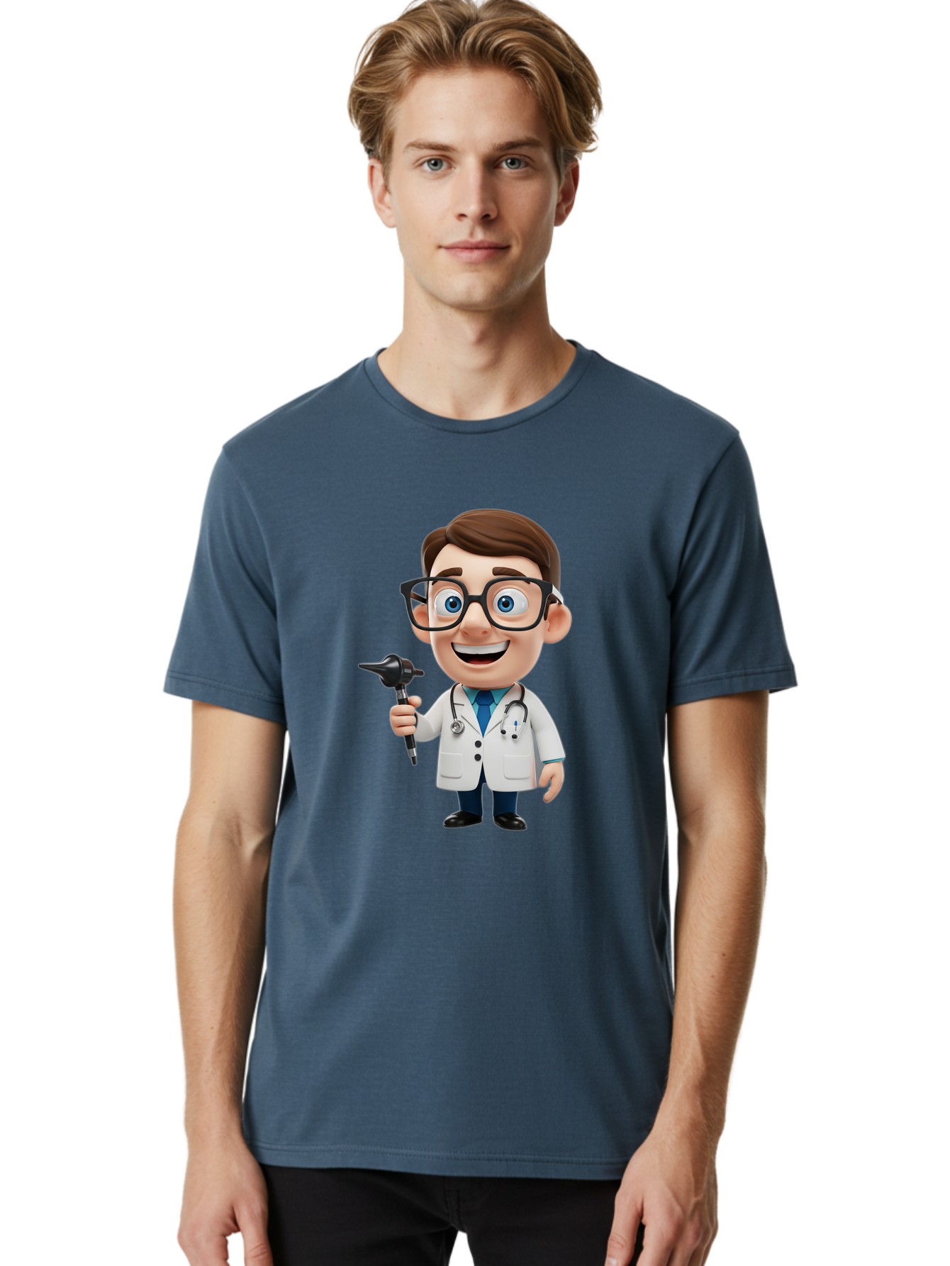 Cartoon-Doctor-1 Men'S Graphic Tee, 100% Cotton, Comfortable Casual Summer Wear, Machine Washable, Cartoon Doctor, Medical Professional, Stethoscope, Otoscope, White Lab Coat, Blue Shirt, Black Glasses, Friendly Smile, Healthcare, Baa255