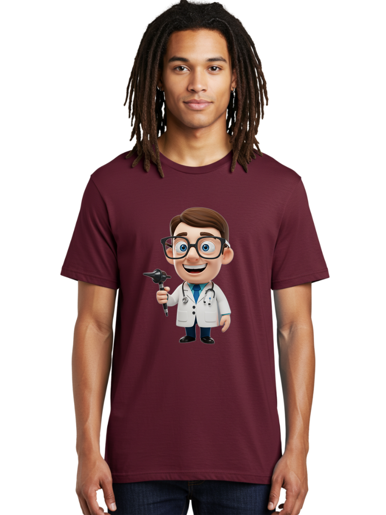 Cartoon-Doctor-1 Men'S Graphic Tee, 100% Cotton, Comfortable Casual Summer Wear, Machine Washable, Cartoon Doctor, Medical Professional, Stethoscope, Otoscope, White Lab Coat, Blue Shirt, Black Glasses, Friendly Smile, Healthcare, Baa255
