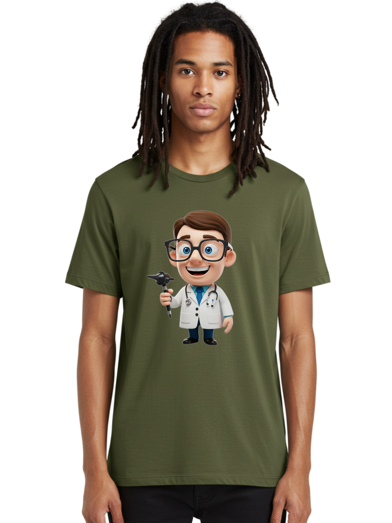 Cartoon-Doctor-1 Men'S Graphic Tee, 100% Cotton, Comfortable Casual Summer Wear, Machine Washable, Cartoon Doctor, Medical Professional, Stethoscope, Otoscope, White Lab Coat, Blue Shirt, Black Glasses, Friendly Smile, Healthcare, Baa255