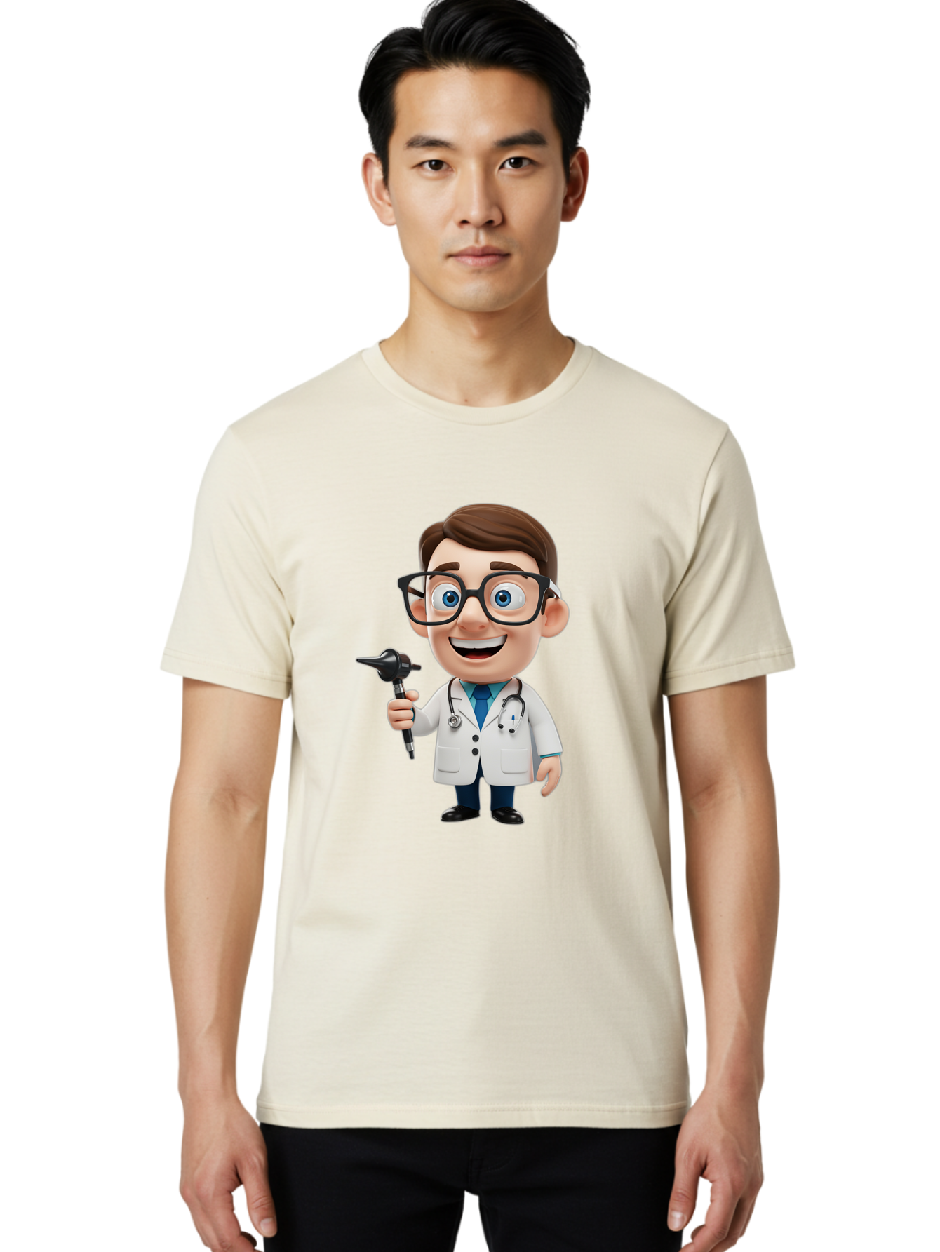 Cartoon-Doctor-1 Men'S Graphic Tee, 100% Cotton, Comfortable Casual Summer Wear, Machine Washable, Cartoon Doctor, Medical Professional, Stethoscope, Otoscope, White Lab Coat, Blue Shirt, Black Glasses, Friendly Smile, Healthcare, Baa255