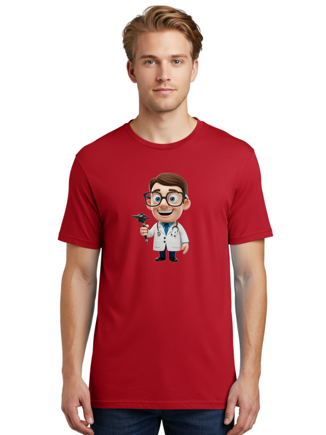 Cartoon-Doctor-1 Men'S Graphic Tee, 100% Cotton, Comfortable Casual Summer Wear, Machine Washable, Cartoon Doctor, Medical Professional, Stethoscope, Otoscope, White Lab Coat, Blue Shirt, Black Glasses, Friendly Smile, Healthcare, Baa255