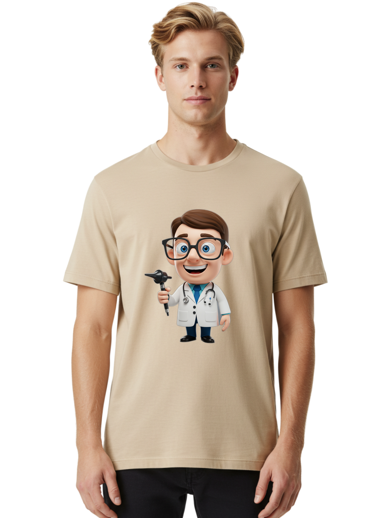 Cartoon-Doctor-1 Men'S Graphic Tee, 100% Cotton, Comfortable Casual Summer Wear, Machine Washable, Cartoon Doctor, Medical Professional, Stethoscope, Otoscope, White Lab Coat, Blue Shirt, Black Glasses, Friendly Smile, Healthcare, Baa255