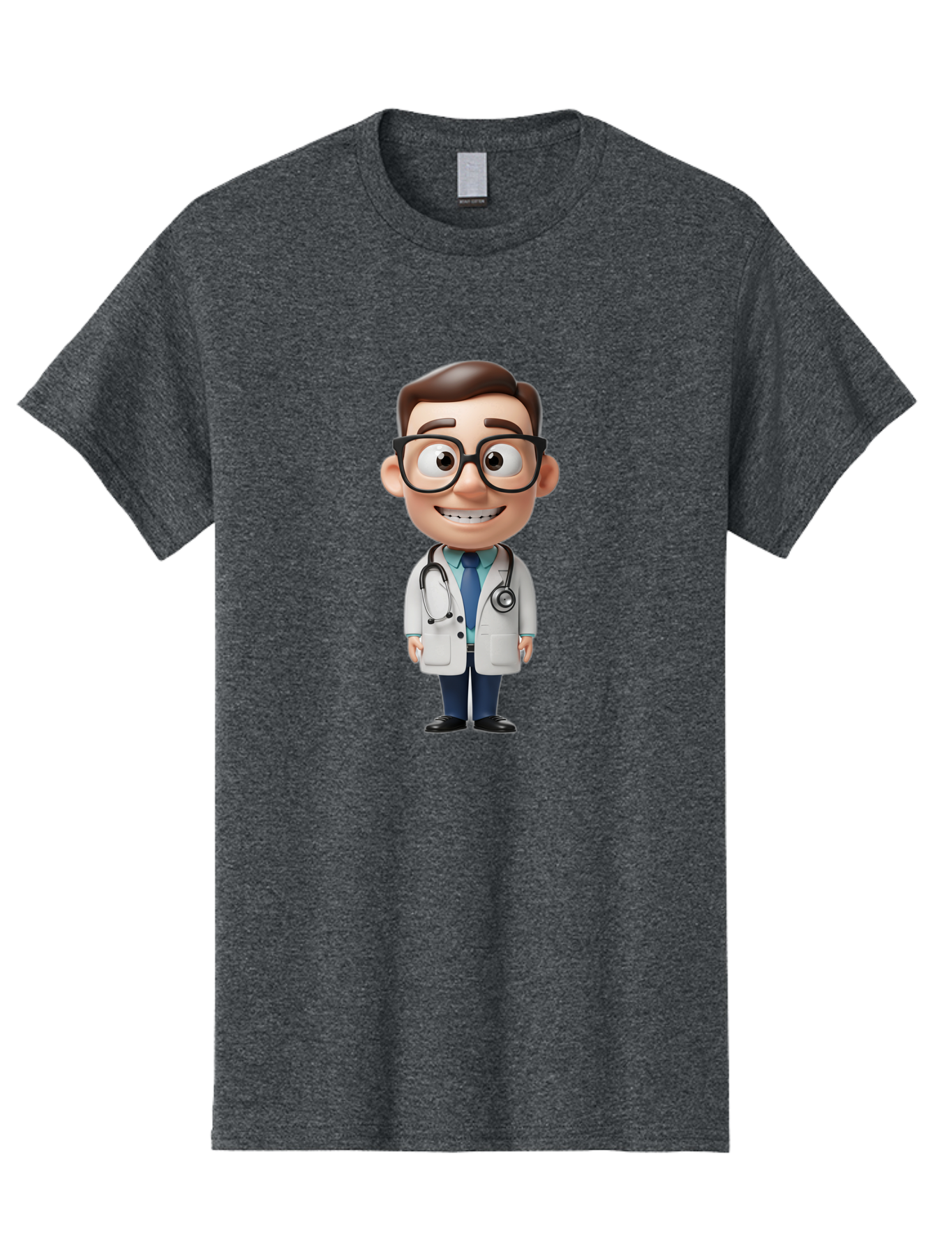 Cartoon-Doctor Men'S Graphic Tee, 100% Cotton, Comfortable Casual Summer Wear, Machine Washable, Cartoon Doctor, 3D Character, Medical Professional, Stethoscope Around Neck, White Lab Coat, Blue Tie, Black Glasses, Friendly Smile, Baa256