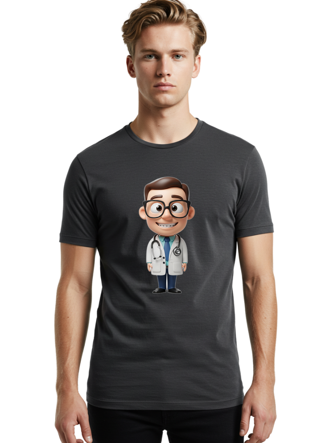 Cartoon-Doctor Men'S Graphic Tee, 100% Cotton, Comfortable Casual Summer Wear, Machine Washable, Cartoon Doctor, 3D Character, Medical Professional, Stethoscope Around Neck, White Lab Coat, Blue Tie, Black Glasses, Friendly Smile, Baa256