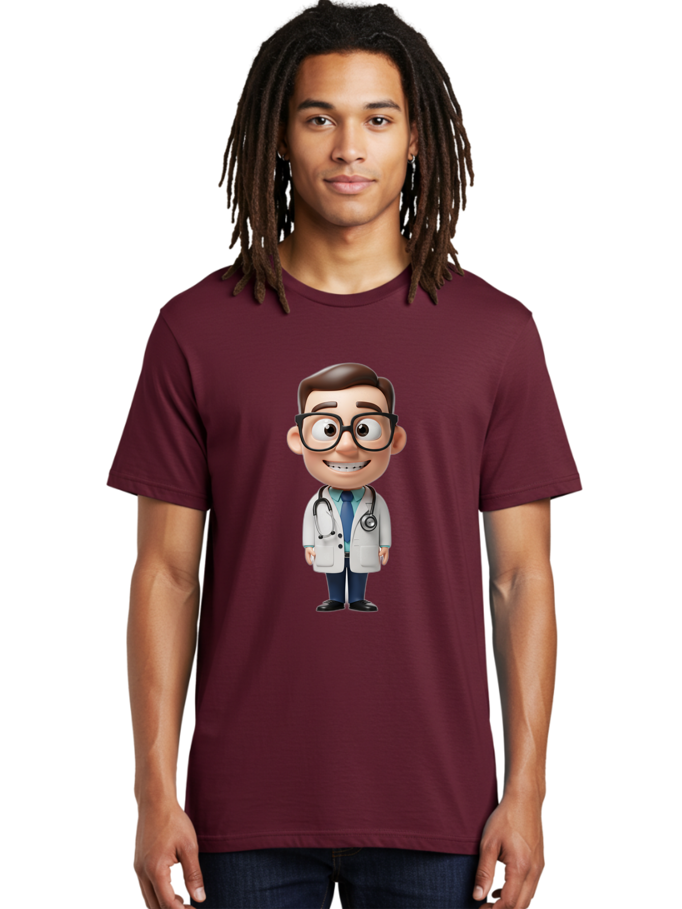 Cartoon-Doctor Men'S Graphic Tee, 100% Cotton, Comfortable Casual Summer Wear, Machine Washable, Cartoon Doctor, 3D Character, Medical Professional, Stethoscope Around Neck, White Lab Coat, Blue Tie, Black Glasses, Friendly Smile, Baa256