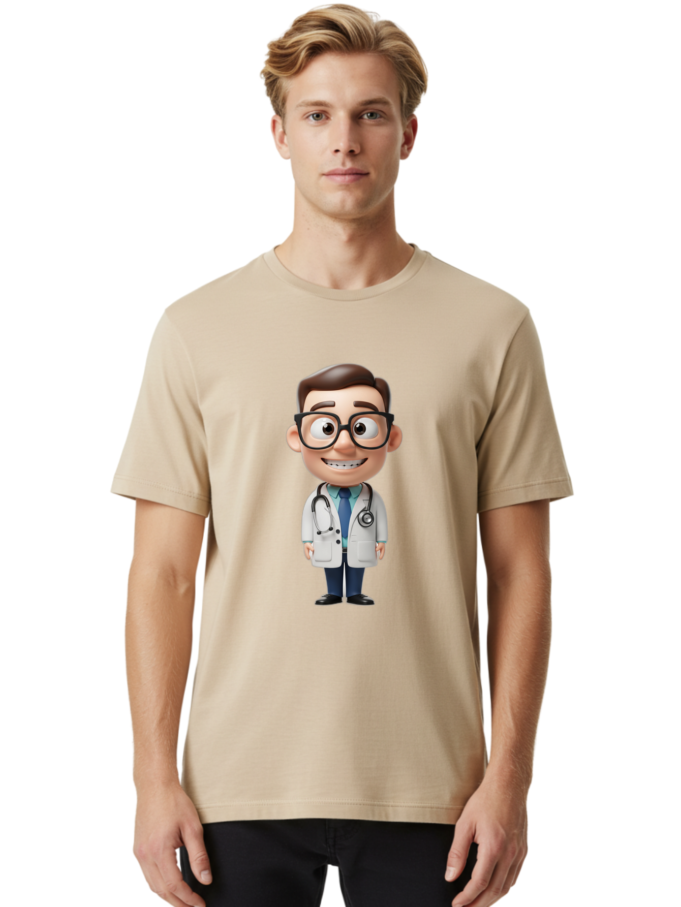 Cartoon-Doctor Men'S Graphic Tee, 100% Cotton, Comfortable Casual Summer Wear, Machine Washable, Cartoon Doctor, 3D Character, Medical Professional, Stethoscope Around Neck, White Lab Coat, Blue Tie, Black Glasses, Friendly Smile, Baa256