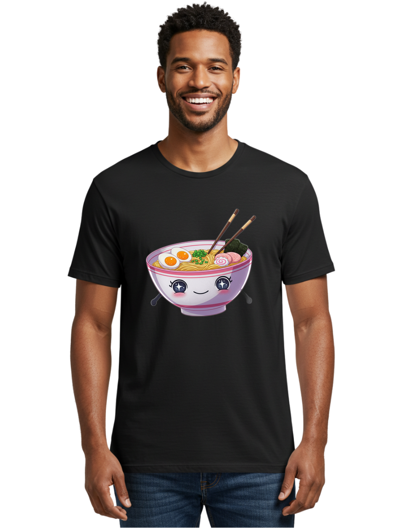 Cartoon-Ramen Men'S Graphic Tee, 100% Cotton, Comfortable Casual Summer Wear, Machine Washable, Kawaii Ramen Bowl, Cartoon Noodle Soup, Adorable Bowl, Ramen Noodles, Boiled Egg, Seaweed, Chopsticks, Cute Character, Japanese Food, Anime Style, Baa257