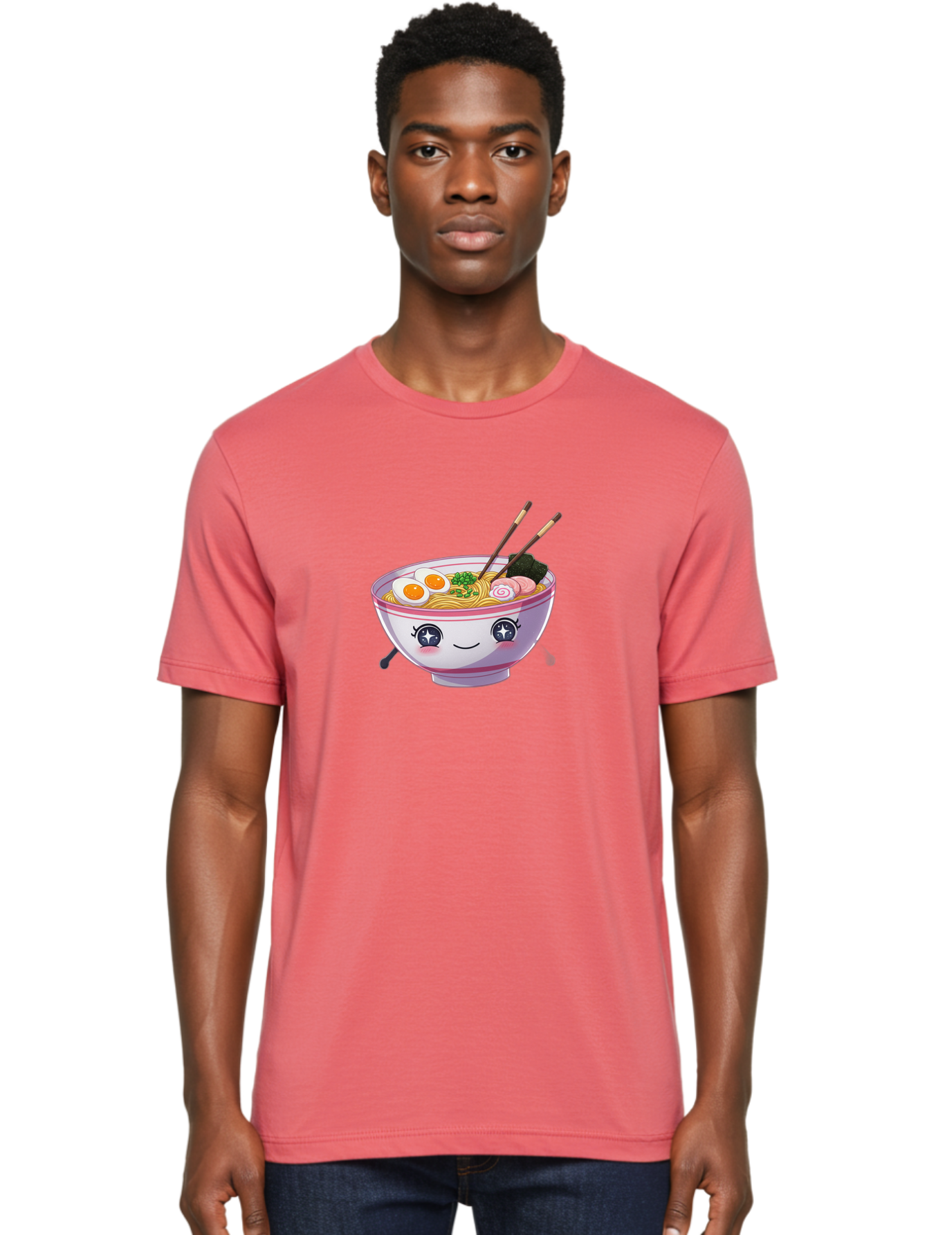 Cartoon-Ramen Men'S Graphic Tee, 100% Cotton, Comfortable Casual Summer Wear, Machine Washable, Kawaii Ramen Bowl, Cartoon Noodle Soup, Adorable Bowl, Ramen Noodles, Boiled Egg, Seaweed, Chopsticks, Cute Character, Japanese Food, Anime Style, Baa257