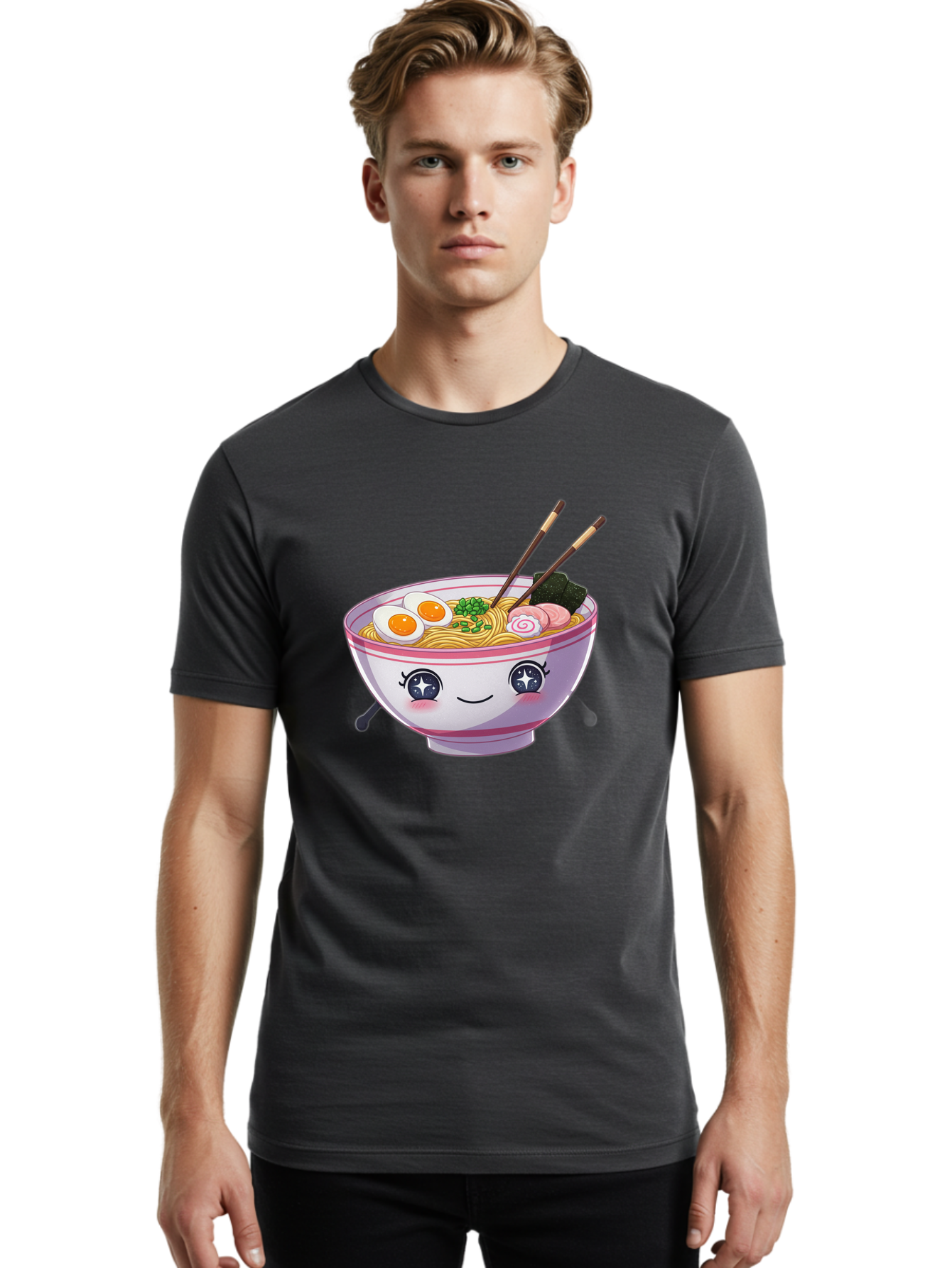 Cartoon-Ramen Men'S Graphic Tee, 100% Cotton, Comfortable Casual Summer Wear, Machine Washable, Kawaii Ramen Bowl, Cartoon Noodle Soup, Adorable Bowl, Ramen Noodles, Boiled Egg, Seaweed, Chopsticks, Cute Character, Japanese Food, Anime Style, Baa257