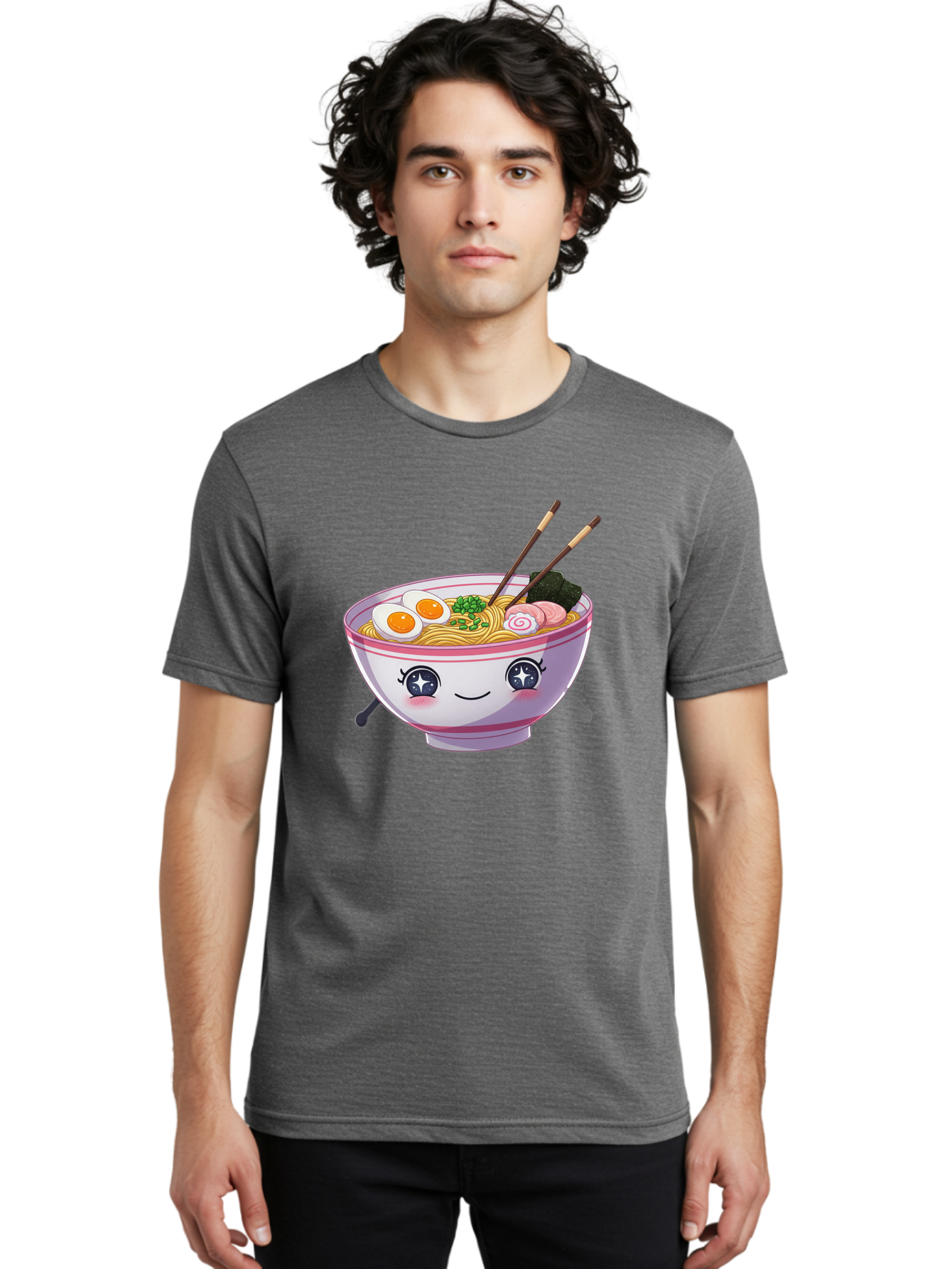 Cartoon-Ramen Men'S Graphic Tee, 100% Cotton, Comfortable Casual Summer Wear, Machine Washable, Kawaii Ramen Bowl, Cartoon Noodle Soup, Adorable Bowl, Ramen Noodles, Boiled Egg, Seaweed, Chopsticks, Cute Character, Japanese Food, Anime Style, Baa257