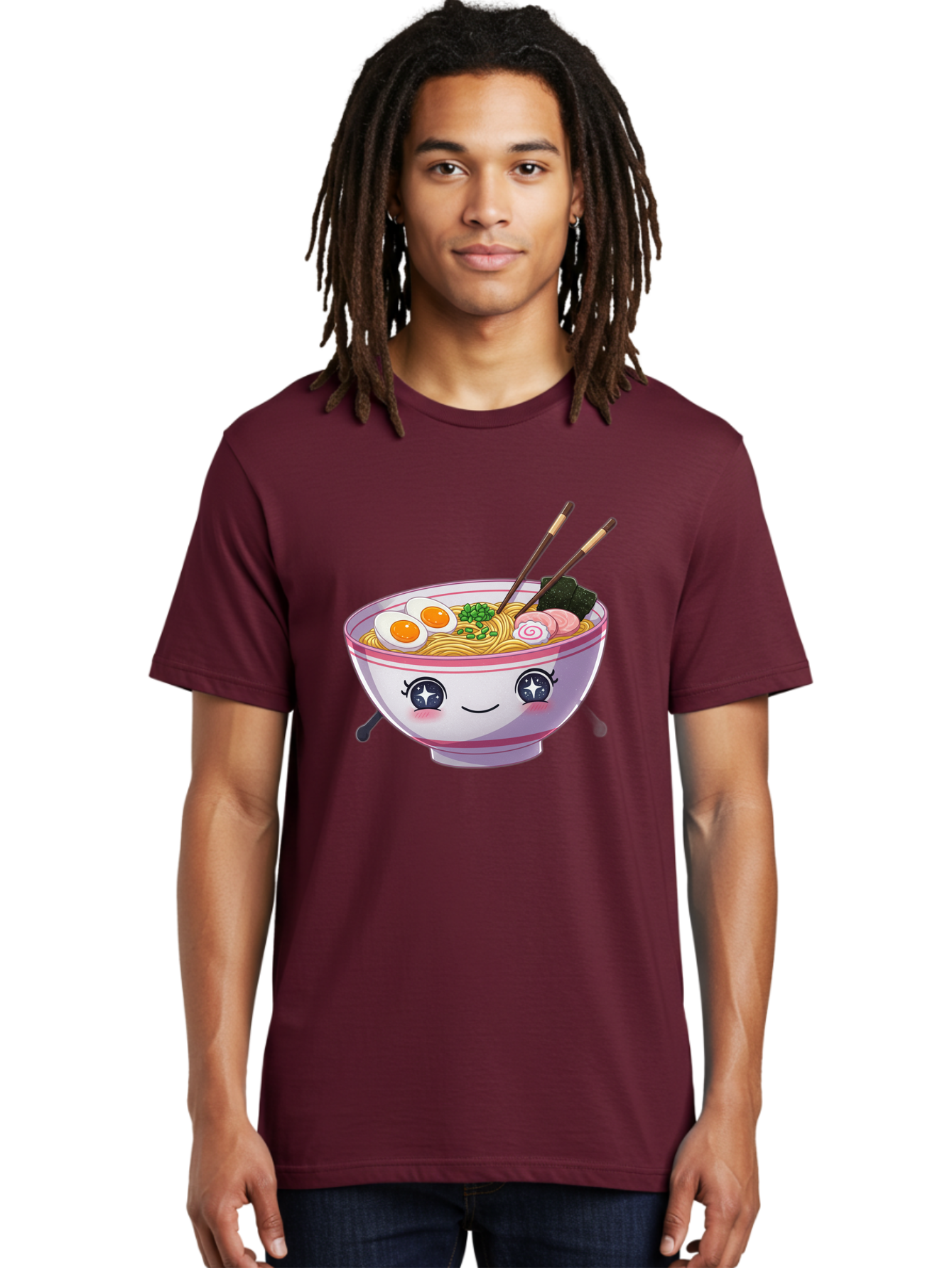 Cartoon-Ramen Men'S Graphic Tee, 100% Cotton, Comfortable Casual Summer Wear, Machine Washable, Kawaii Ramen Bowl, Cartoon Noodle Soup, Adorable Bowl, Ramen Noodles, Boiled Egg, Seaweed, Chopsticks, Cute Character, Japanese Food, Anime Style, Baa257