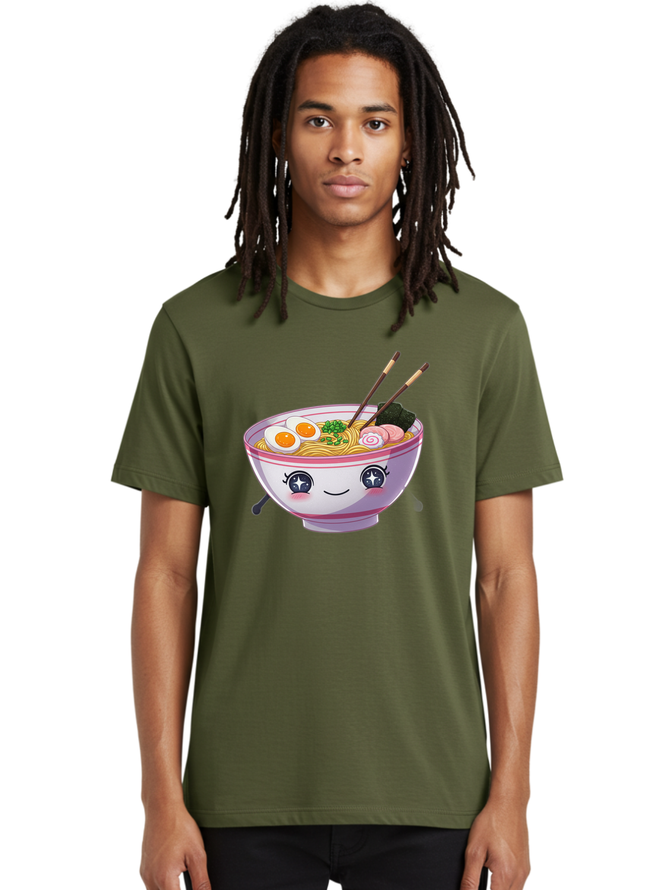 Cartoon-Ramen Men'S Graphic Tee, 100% Cotton, Comfortable Casual Summer Wear, Machine Washable, Kawaii Ramen Bowl, Cartoon Noodle Soup, Adorable Bowl, Ramen Noodles, Boiled Egg, Seaweed, Chopsticks, Cute Character, Japanese Food, Anime Style, Baa257