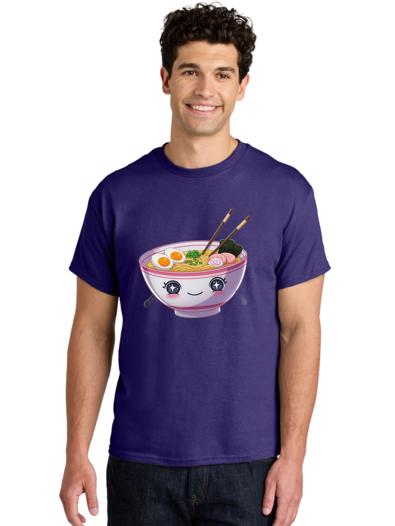 Cartoon-Ramen Men'S Graphic Tee, 100% Cotton, Comfortable Casual Summer Wear, Machine Washable, Kawaii Ramen Bowl, Cartoon Noodle Soup, Adorable Bowl, Ramen Noodles, Boiled Egg, Seaweed, Chopsticks, Cute Character, Japanese Food, Anime Style, Baa257
