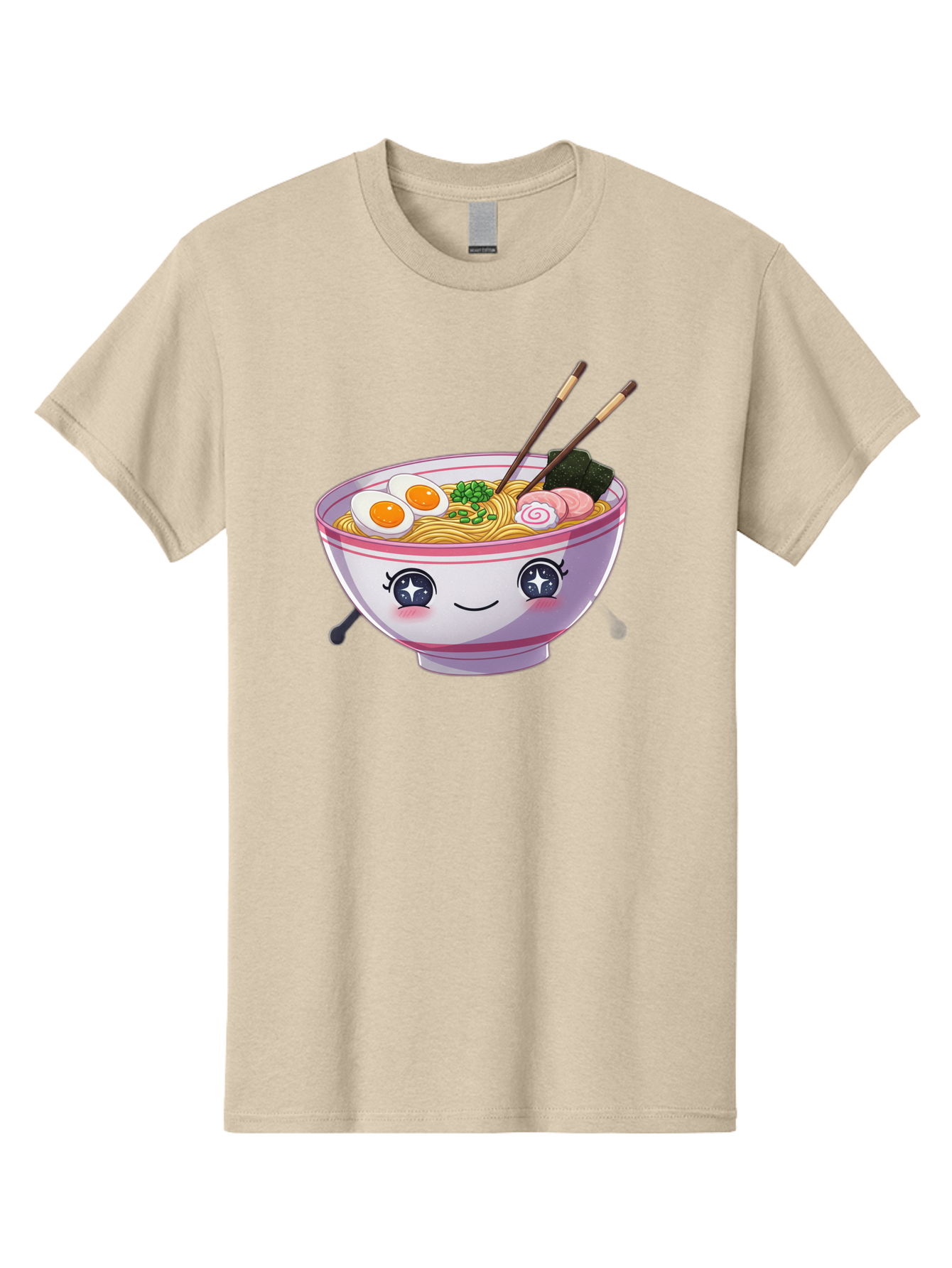 Cartoon-Ramen Men'S Graphic Tee, 100% Cotton, Comfortable Casual Summer Wear, Machine Washable, Kawaii Ramen Bowl, Cartoon Noodle Soup, Adorable Bowl, Ramen Noodles, Boiled Egg, Seaweed, Chopsticks, Cute Character, Japanese Food, Anime Style, Baa257