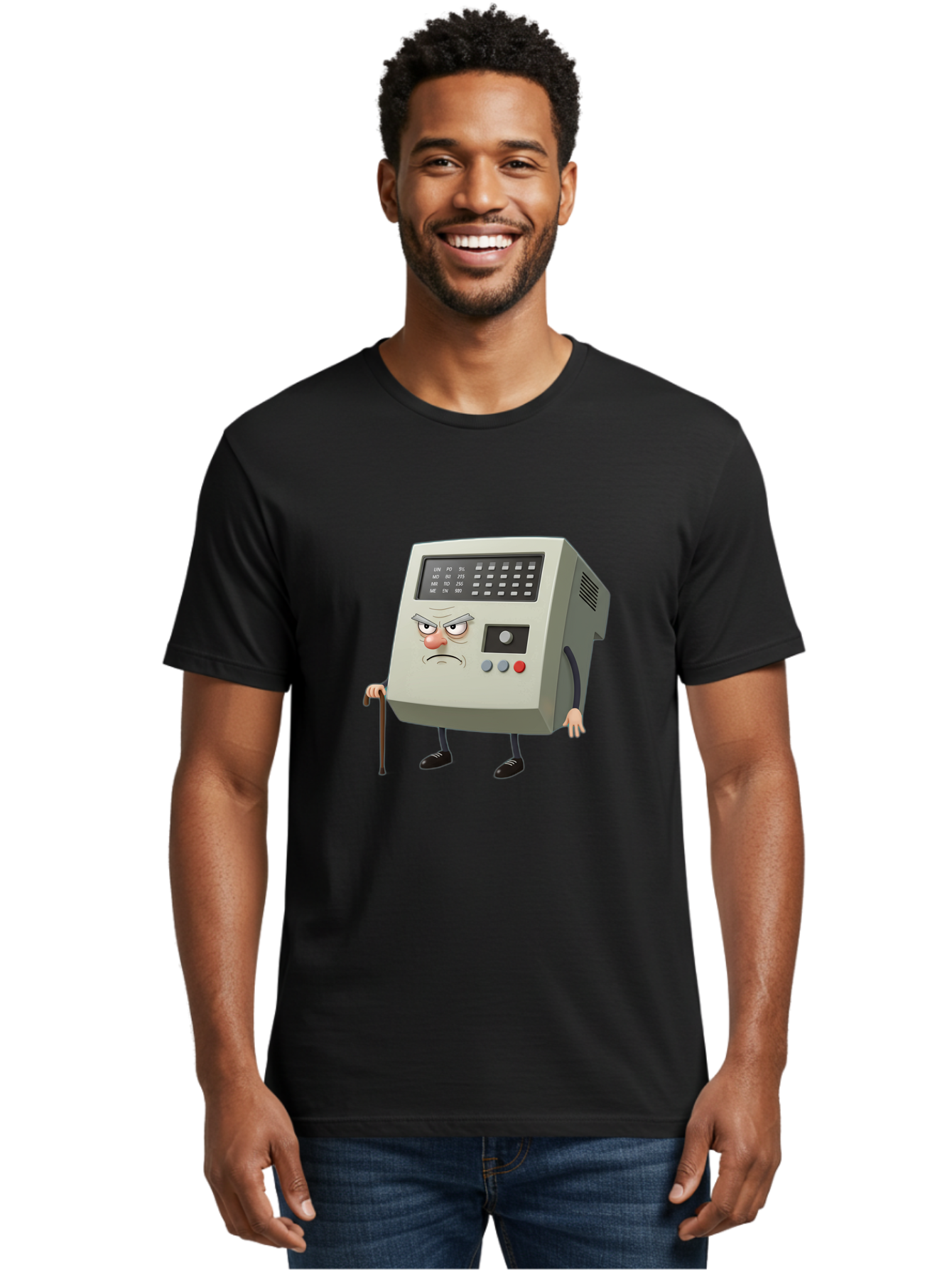 Cash-Register-Character Men'S Graphic Tee, 100% Cotton, Comfortable Casual Summer Wear, Machine Washable, Cash Register With Human-Like Face, Grumpy Expression, Vintage Style, Retro Aesthetic, Cartoon Character, Old-Fashioned Technology, Baa258