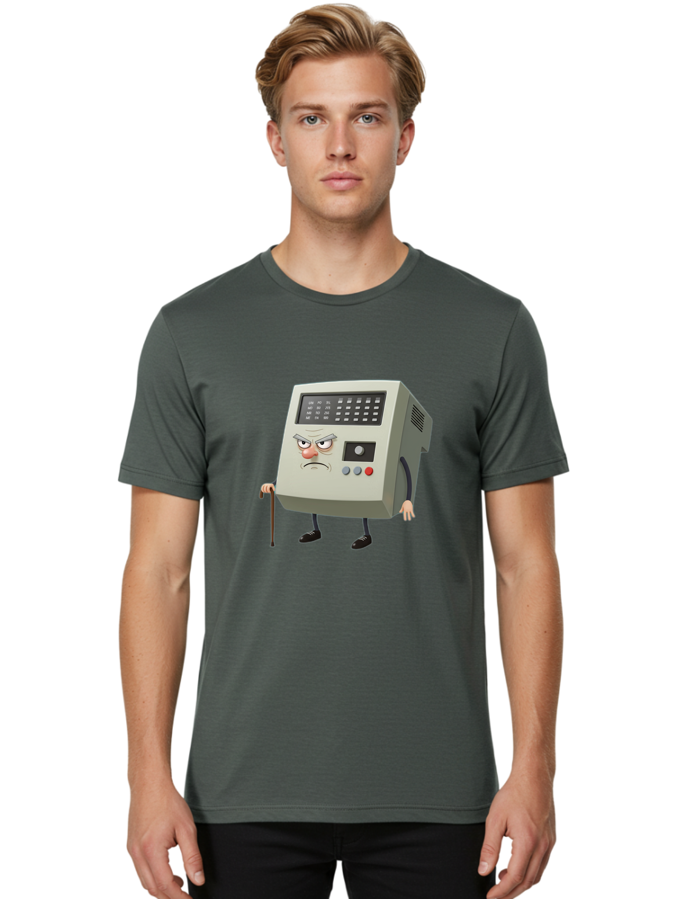 Cash-Register-Character Men'S Graphic Tee, 100% Cotton, Comfortable Casual Summer Wear, Machine Washable, Cash Register With Human-Like Face, Grumpy Expression, Vintage Style, Retro Aesthetic, Cartoon Character, Old-Fashioned Technology, Baa258