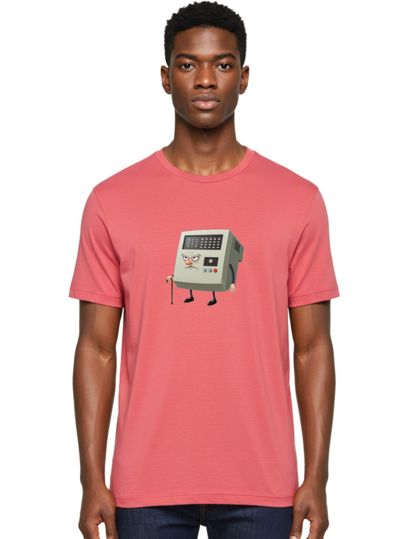 Cash-Register-Character Men'S Graphic Tee, 100% Cotton, Comfortable Casual Summer Wear, Machine Washable, Cash Register With Human-Like Face, Grumpy Expression, Vintage Style, Retro Aesthetic, Cartoon Character, Old-Fashioned Technology, Baa258