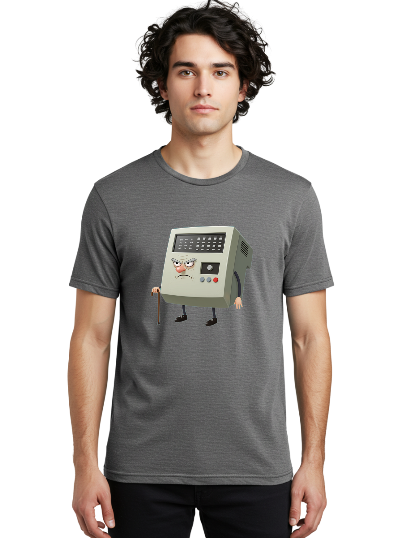 Cash-Register-Character Men'S Graphic Tee, 100% Cotton, Comfortable Casual Summer Wear, Machine Washable, Cash Register With Human-Like Face, Grumpy Expression, Vintage Style, Retro Aesthetic, Cartoon Character, Old-Fashioned Technology, Baa258