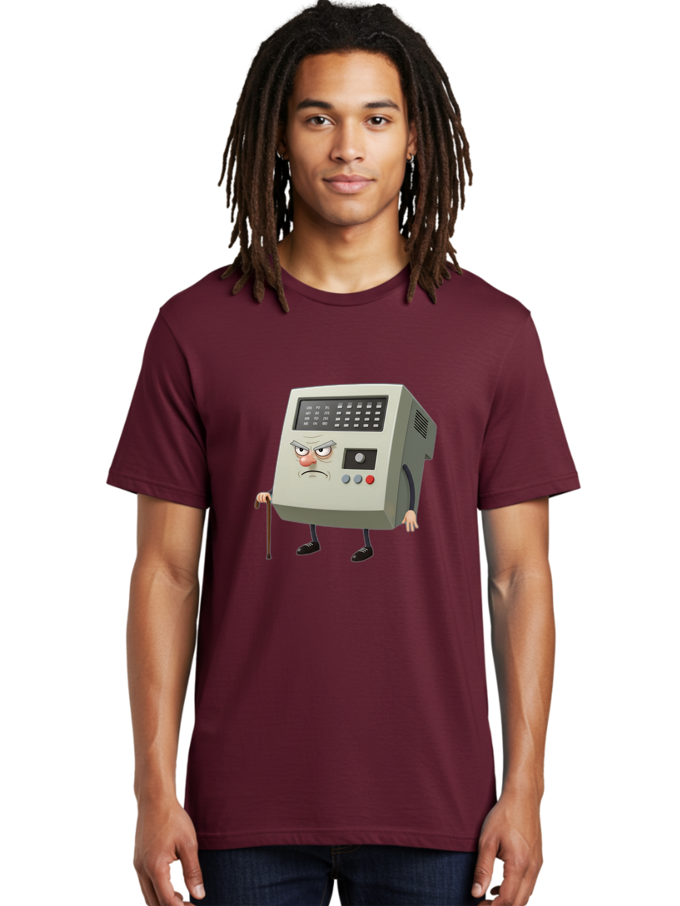 Cash-Register-Character Men'S Graphic Tee, 100% Cotton, Comfortable Casual Summer Wear, Machine Washable, Cash Register With Human-Like Face, Grumpy Expression, Vintage Style, Retro Aesthetic, Cartoon Character, Old-Fashioned Technology, Baa258