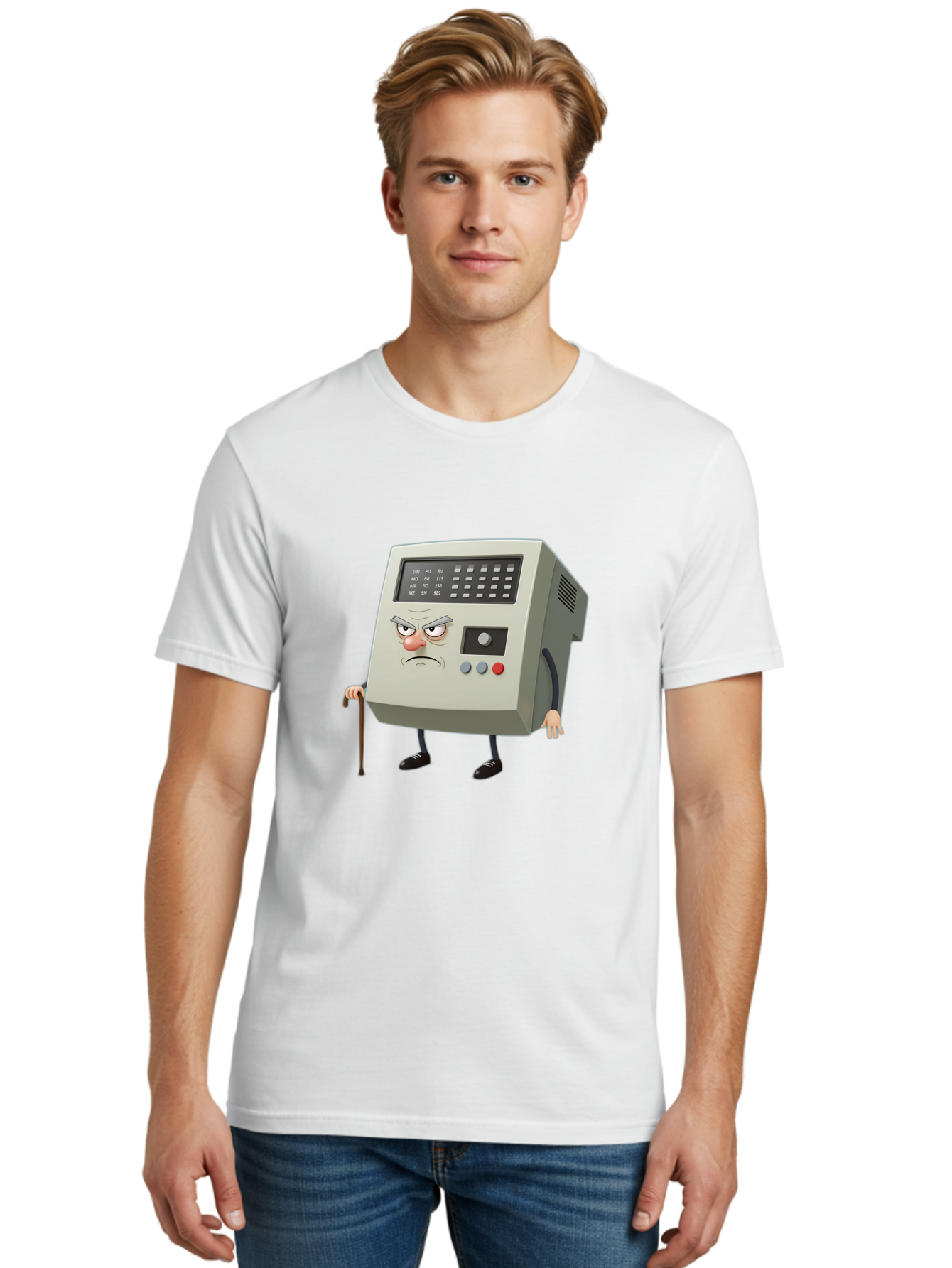 Cash-Register-Character Men'S Graphic Tee, 100% Cotton, Comfortable Casual Summer Wear, Machine Washable, Cash Register With Human-Like Face, Grumpy Expression, Vintage Style, Retro Aesthetic, Cartoon Character, Old-Fashioned Technology, Baa258