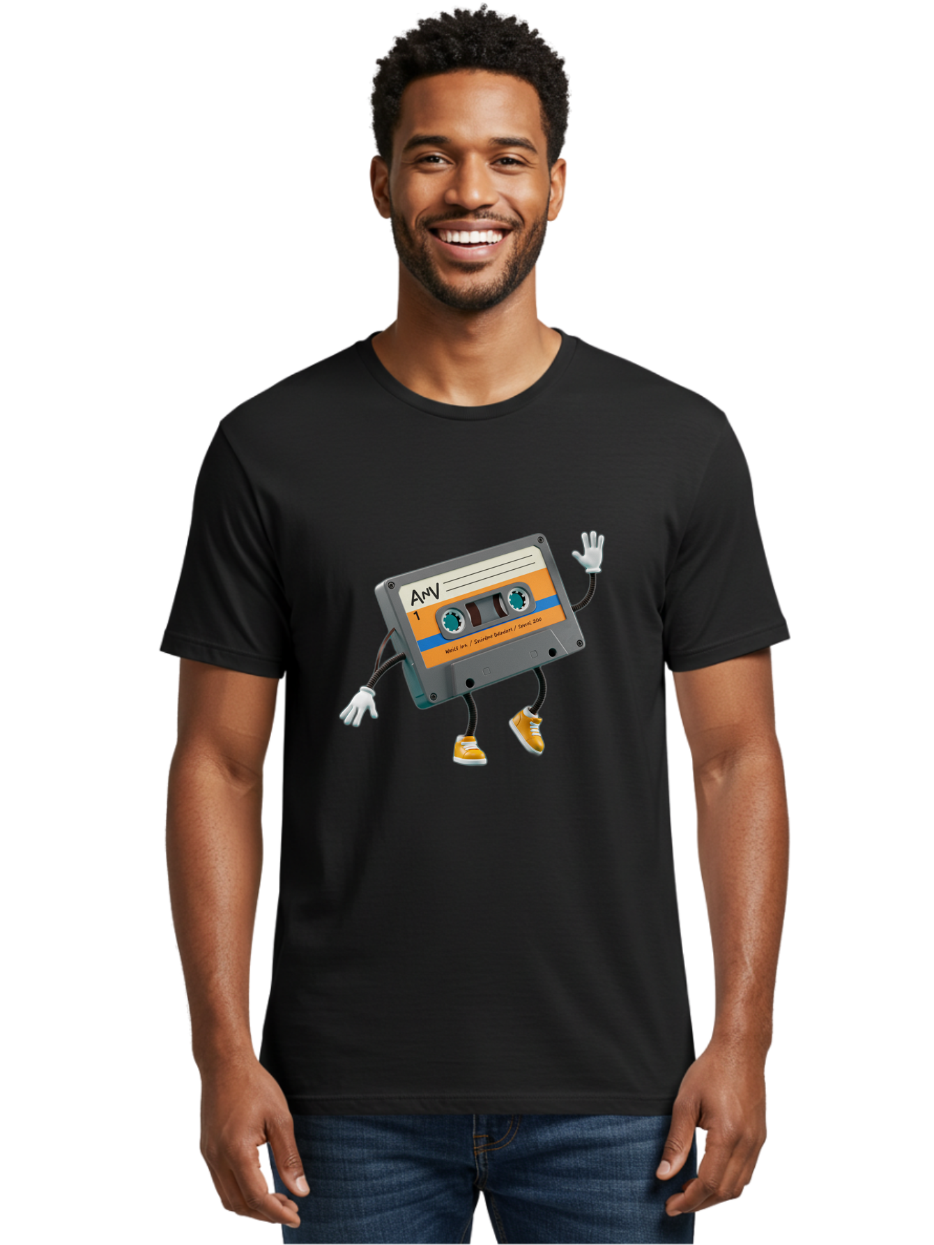 Cassette-Tape-1 Men'S Graphic Tee, 100% Cotton, Comfortable Casual Summer Wear, Machine Washable, Cartoon Cassette Tape, Anthropomorphic Character, Retro Music, Orange Sneakers, Waving Gesture, Fun Design, Nostalgic Vibe, Playful Illustration, Baa259