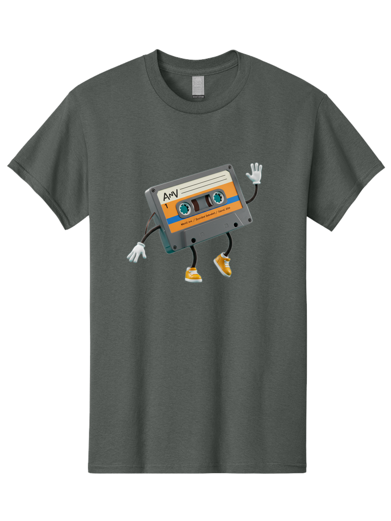 Cassette-Tape-1 Men'S Graphic Tee, 100% Cotton, Comfortable Casual Summer Wear, Machine Washable, Cartoon Cassette Tape, Anthropomorphic Character, Retro Music, Orange Sneakers, Waving Gesture, Fun Design, Nostalgic Vibe, Playful Illustration, Baa259