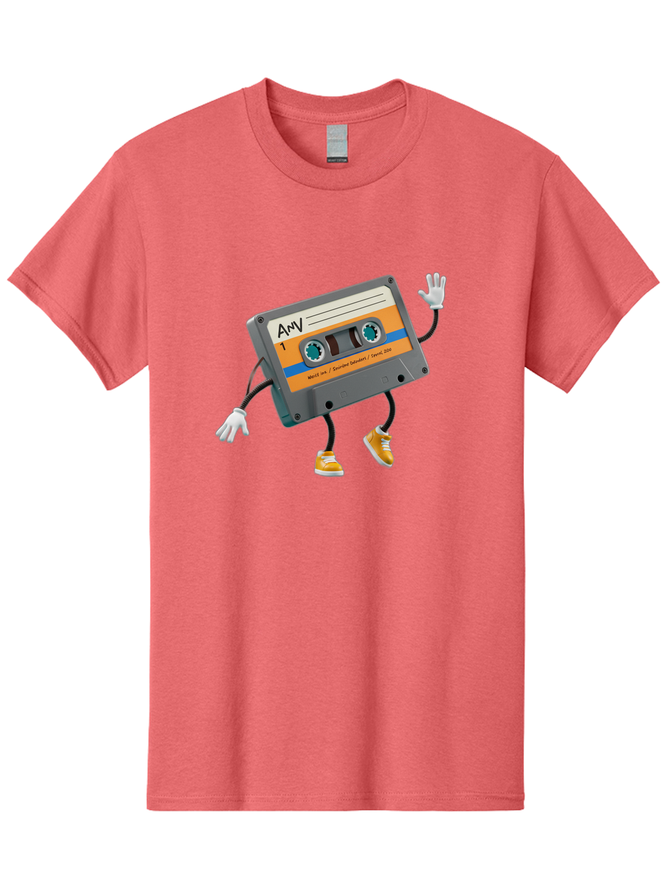 Cassette-Tape-1 Men'S Graphic Tee, 100% Cotton, Comfortable Casual Summer Wear, Machine Washable, Cartoon Cassette Tape, Anthropomorphic Character, Retro Music, Orange Sneakers, Waving Gesture, Fun Design, Nostalgic Vibe, Playful Illustration, Baa259